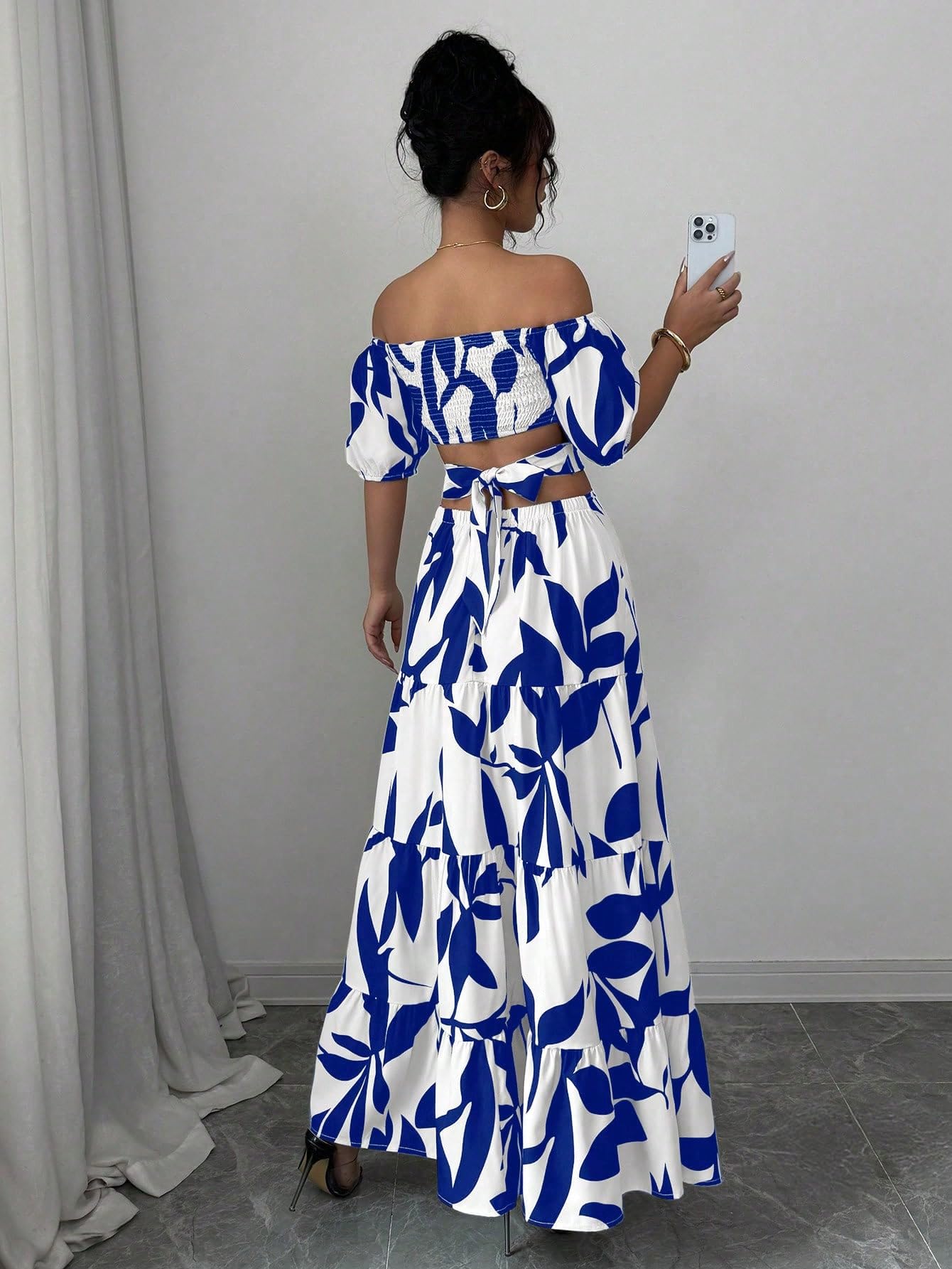 Women's Boho Off The Shoulder Short Sleeve Maxi Dresses Casual Summer Tiered Ruffle Swing Cut Out Flowy Dress