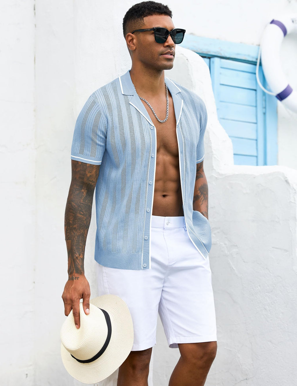 Men's Knit Button Down Shirt Short Sleeve Vintage Knitted Striped Summer Beach Tops S-XXL