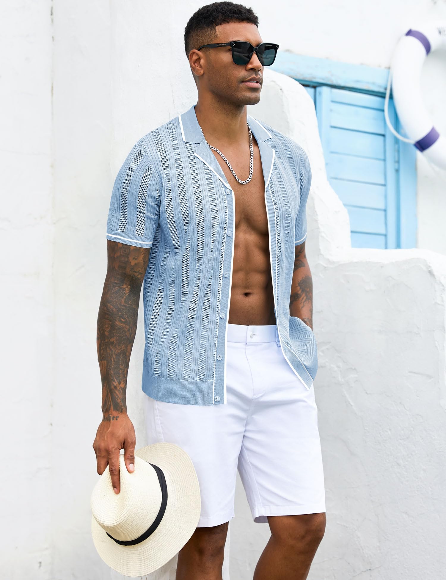 Men's Knit Button Down Shirt Short Sleeve Vintage Knitted Striped Summer Beach Tops S-XXL