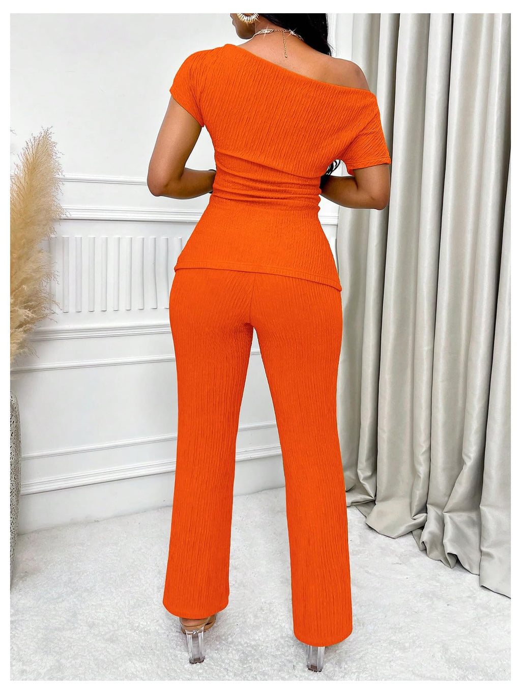 SOLY HUX Women's 2 Piece Outfit Short Sleeve Ruched T Shirt and Pants Set | Asymmetrical Neck, Going Out Set, Dressy, Summer Set