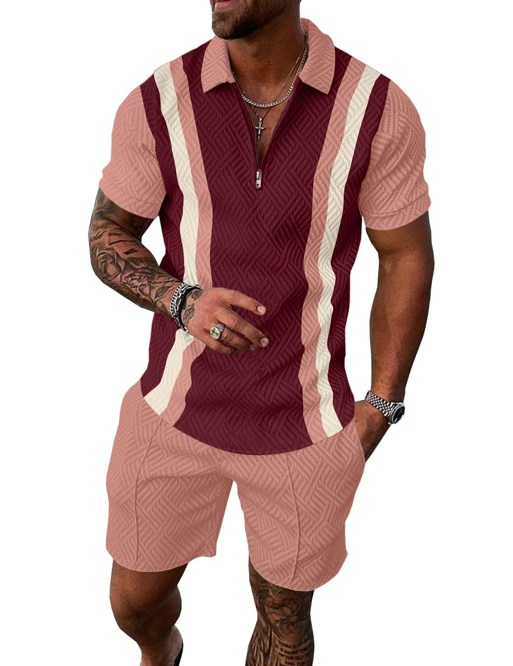 Mens Summer Track Suits 2 Piece Shorts Sets Short Sleeve Sweatsuit Outfits 1/4 Zip Golf Polo Splicing Striped Shirts