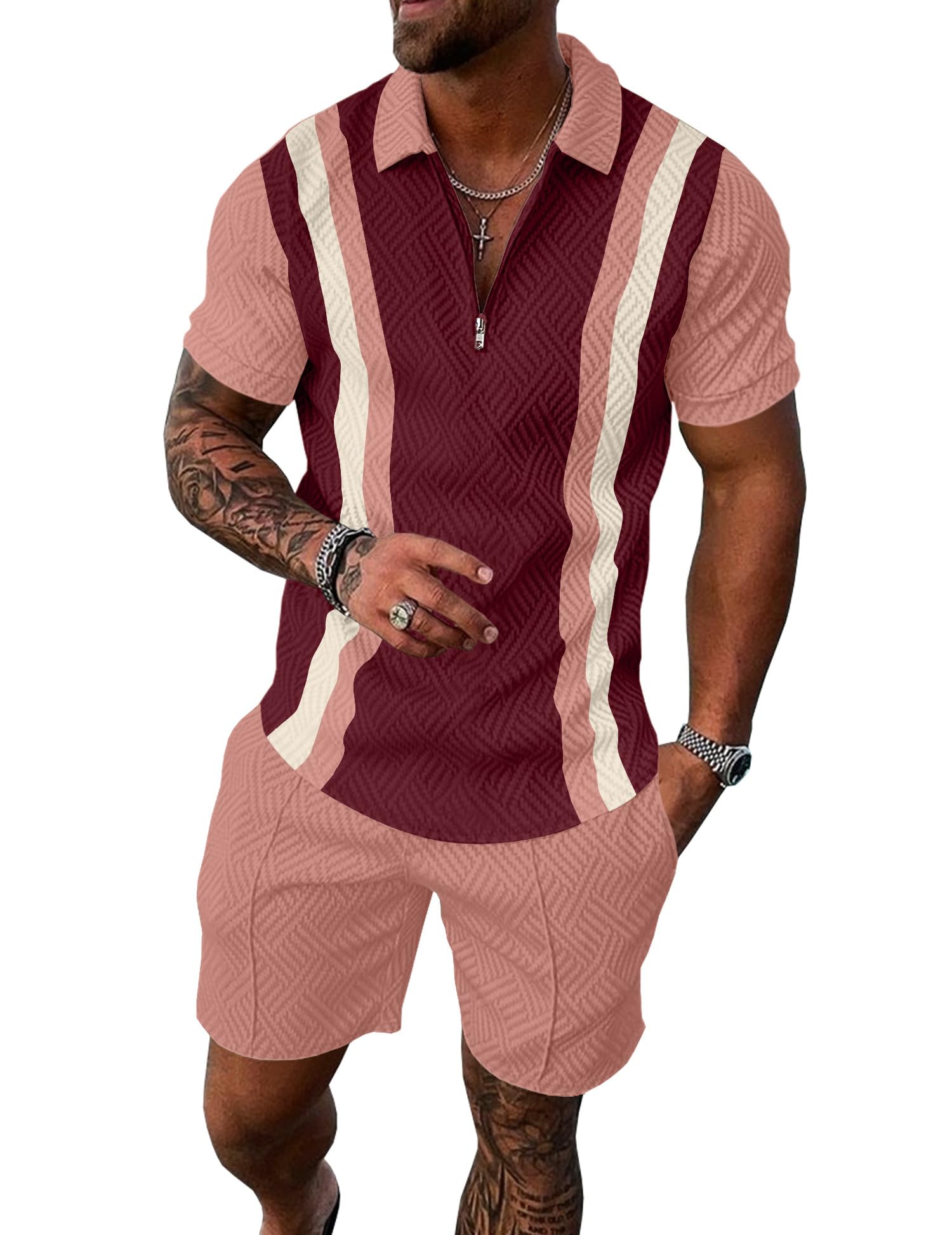 Mens Summer Track Suits 2 Piece Shorts Sets Short Sleeve Sweatsuit Outfits 1/4 Zip Golf Polo Splicing Striped Shirts