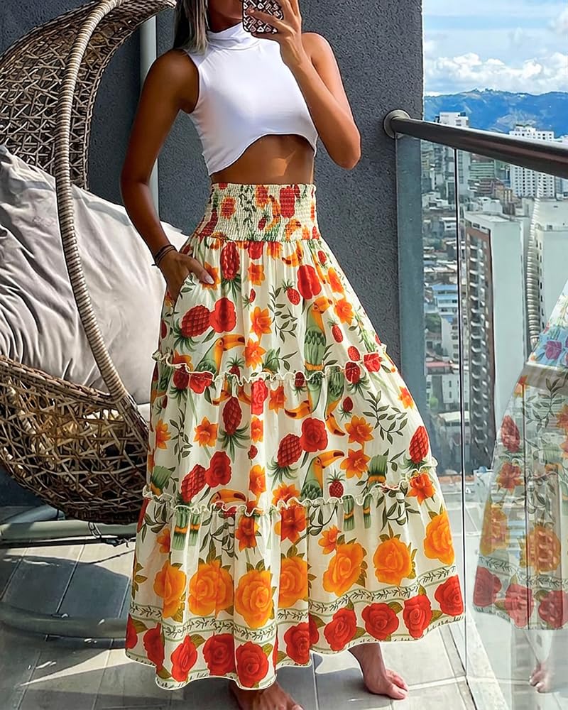 CHICME Women's Boho Floral Summer Maxi Skirt with Pockets Vacation Outfit | Shirred High Waist, Ruffle Hem, Lightweight Comfortable Fabric, A-Line Long Flowy Skirt for Beach, Travel & Daily Wear
