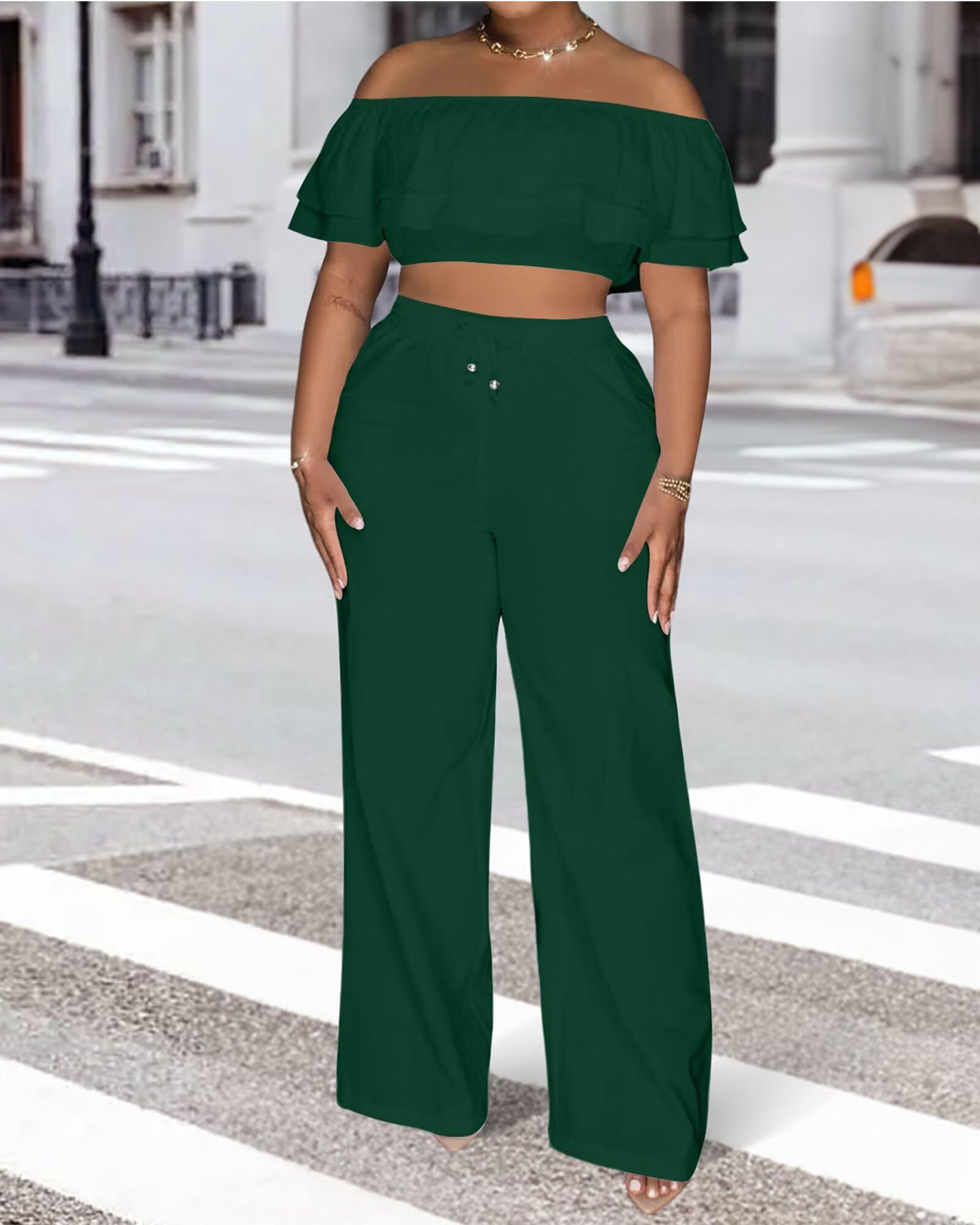 Adogirl 2 Piece Outfits for Women Ruffle Trim Crop Top Wide Leg Pants Set | 2 Piece Sets, Outfit for Women, Off Shoulder, Short Sleeve, Wide Leg Pants with Pockets, Sexy Outfits, Vacation Outfits