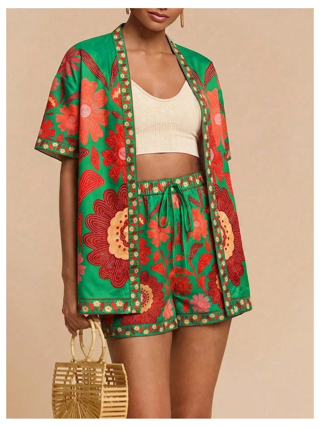 MakeMeChic Women's Two Piece Sets Summer Tropical Vacation Outfits Boho Floral Kimono Tops Shorts Set