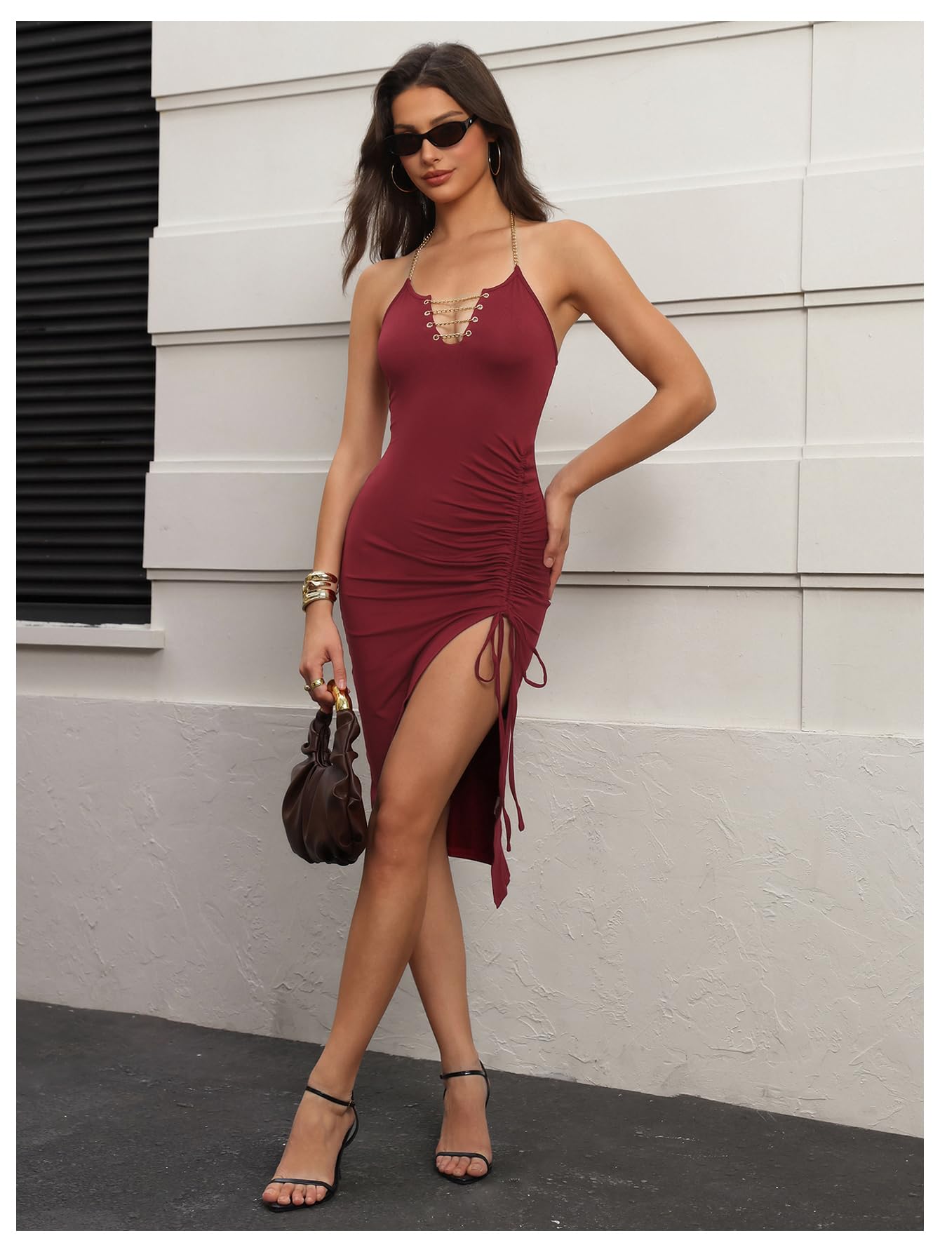 SweatyRocks Women's Sexy Halter Bodycon Backless Cocktail Dress | Ruched Midi Dresses, Rave Club Party Date Night, Summer, Side Slit Wedding Guest Outfits