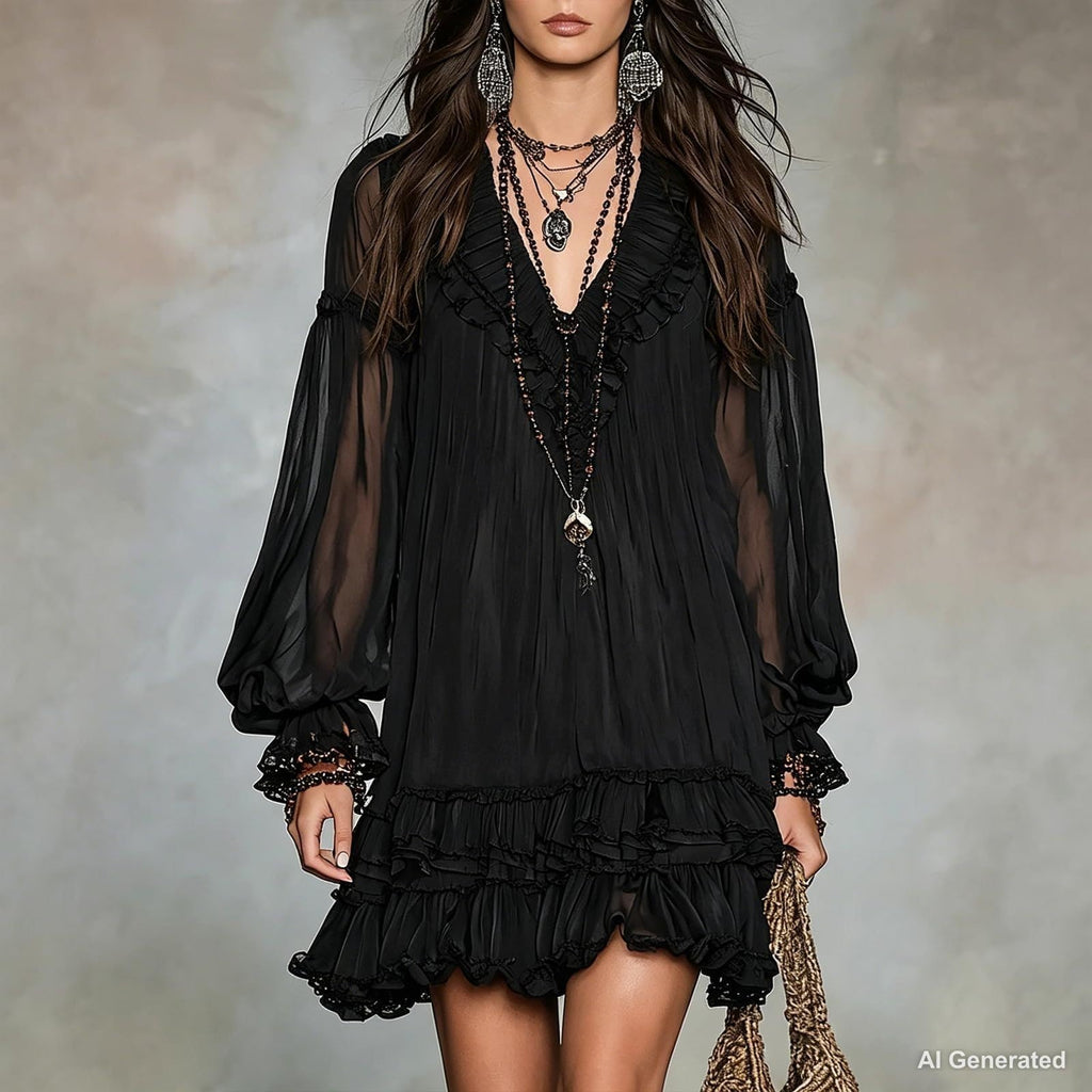 Women's Vintage Boho Chiffon Dress Navy Blue Baroque Print High Neck Irregular Lantern Sleeve Dress Casual Party Vacation