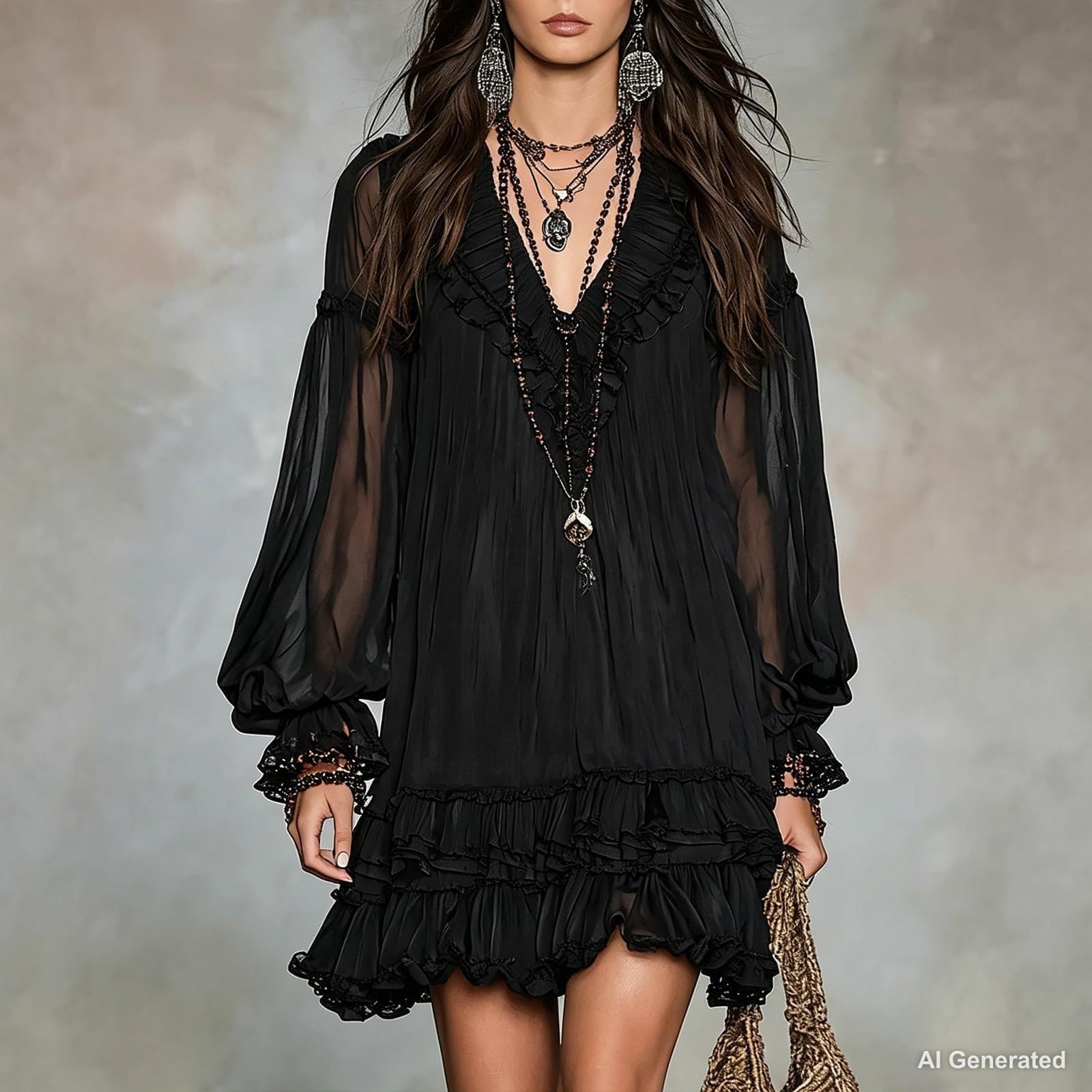 Women's Vintage Boho Chiffon Dress Navy Blue Baroque Print High Neck Irregular Lantern Sleeve Dress Casual Party Vacation