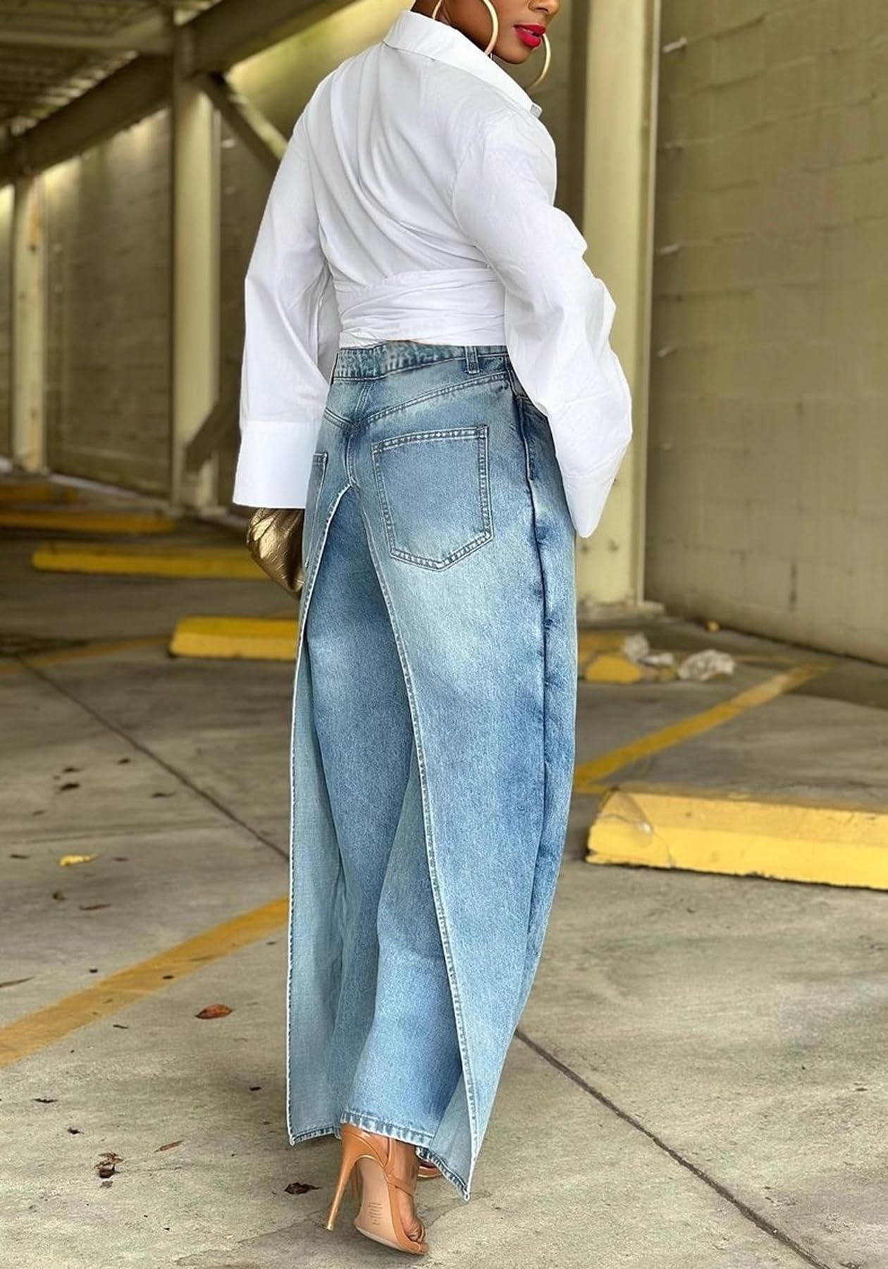 DINGANG Women's Asymmetrical Wide Leg Jeans High Waisted Denim Pants | Trendy Baggy Jeans,Loose fit,Wrap front,Patchwork Split Hem,Y2K Streetwear,Unique Jeans with Pockets