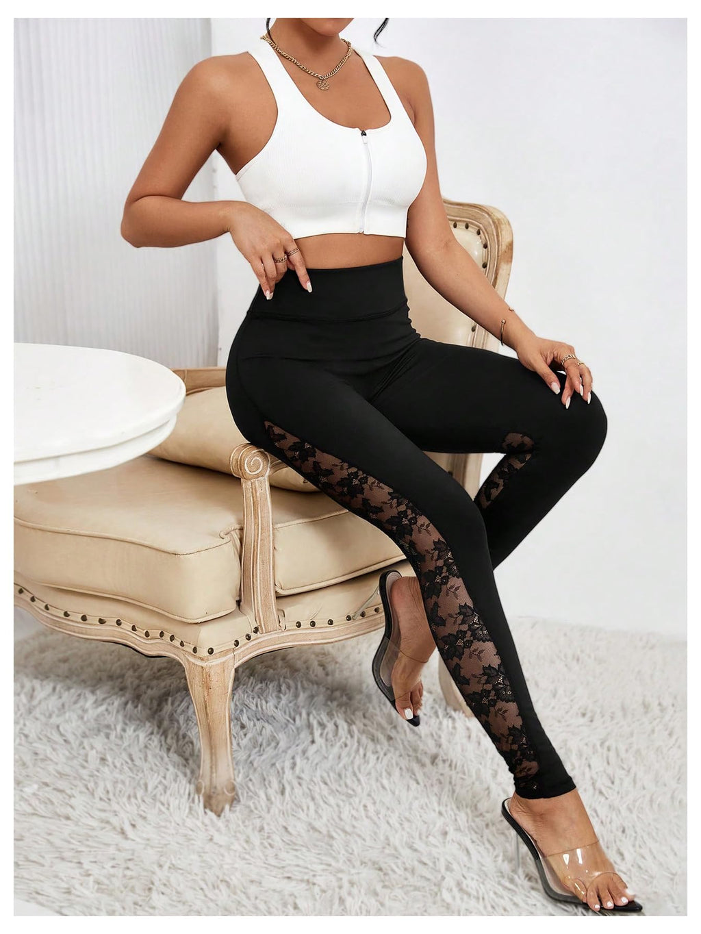 RoseSeek Women's Floral Lace High Waited Leggings See Through Club Outfits | Sexy Leggings for Women, Tummy Control, Skinny, Lace Pants, Concert Outfits Women