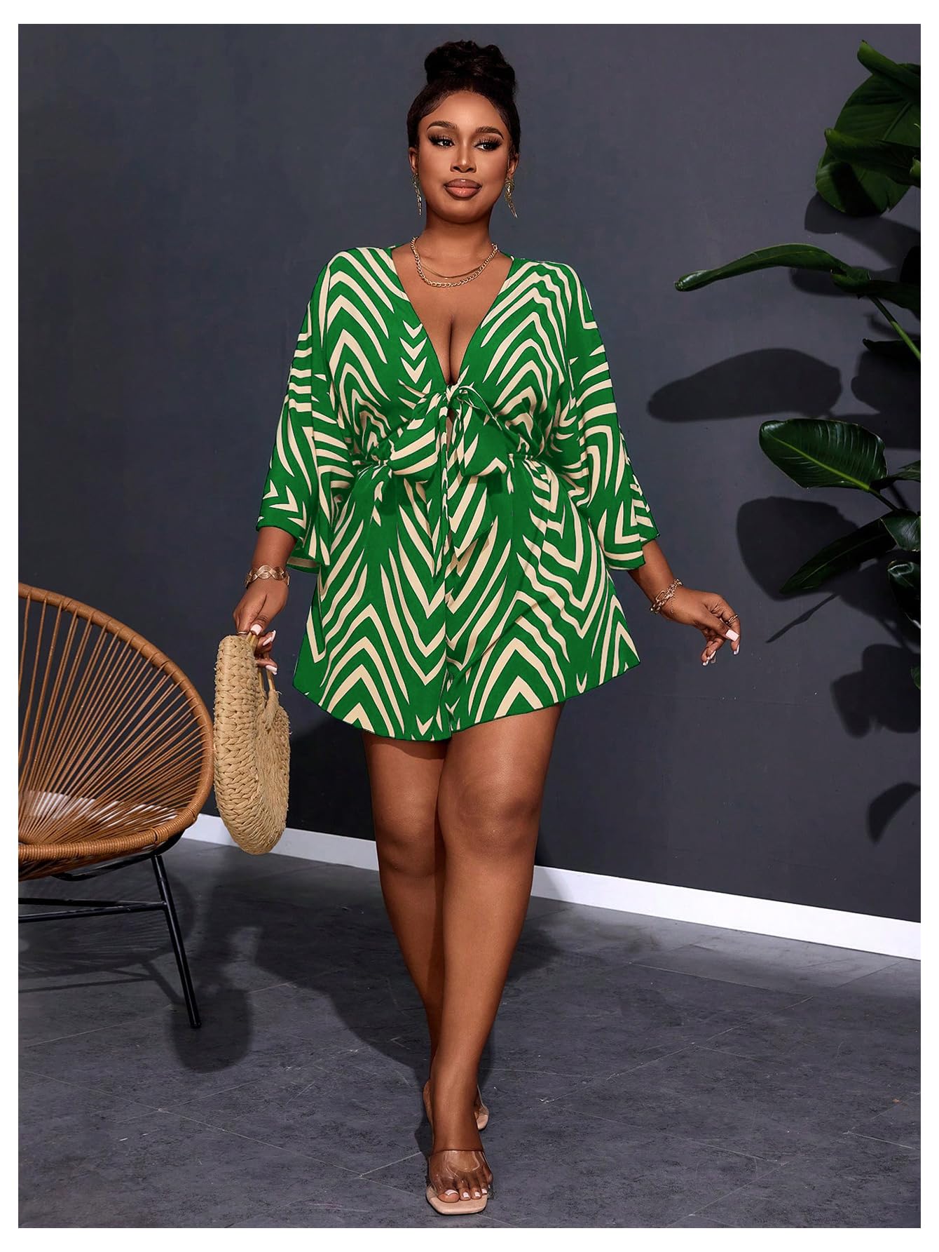 SOLY HUX Women's Plus Size Striped Tie Front Short Jumpsuit | V Neck, 3/4 Sleeve, Loose, Romper