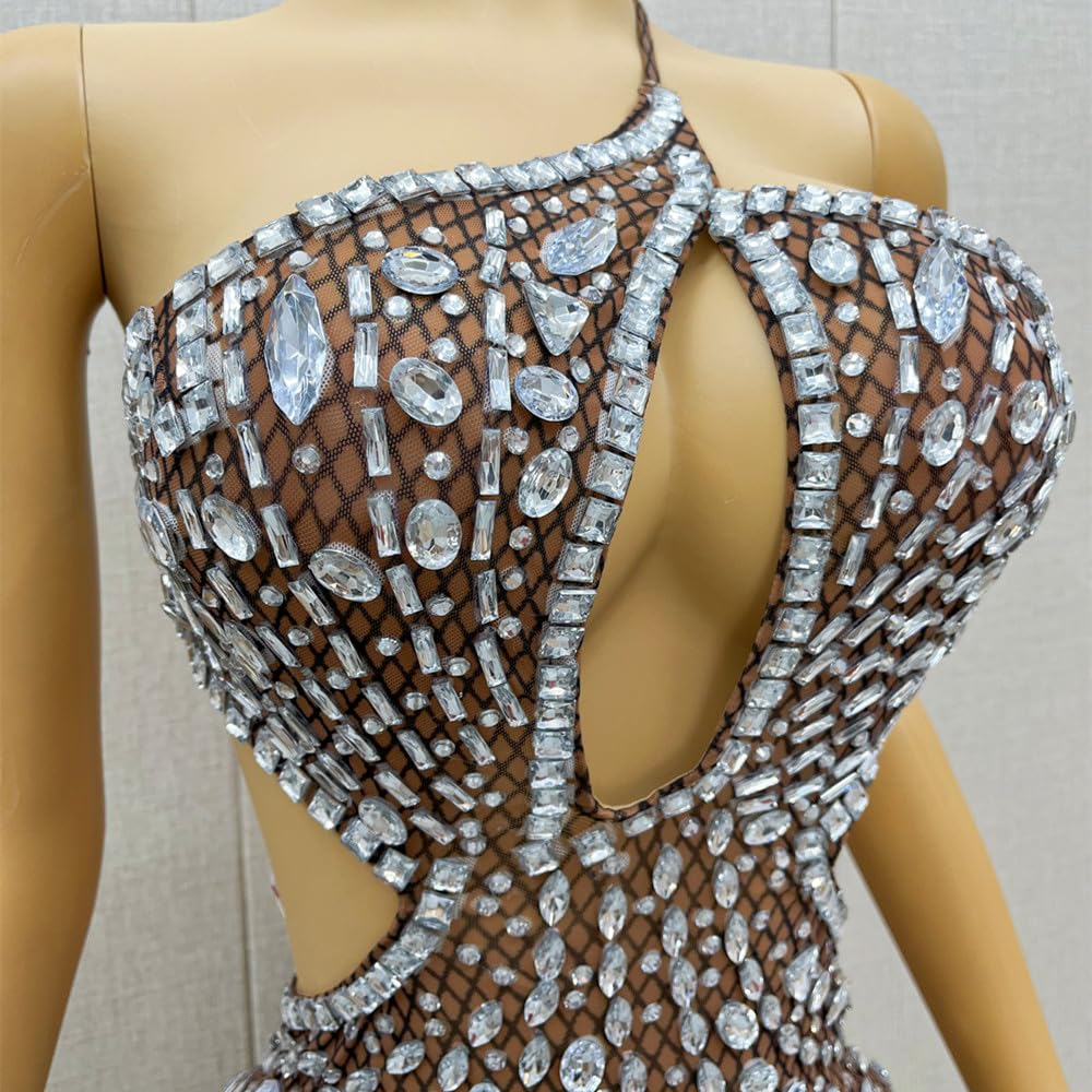 Sexy Backless Rhinestones Mini Dress Mesh Transparent Bodycon Party Outfit Women Cocktail Birthday Club Dress