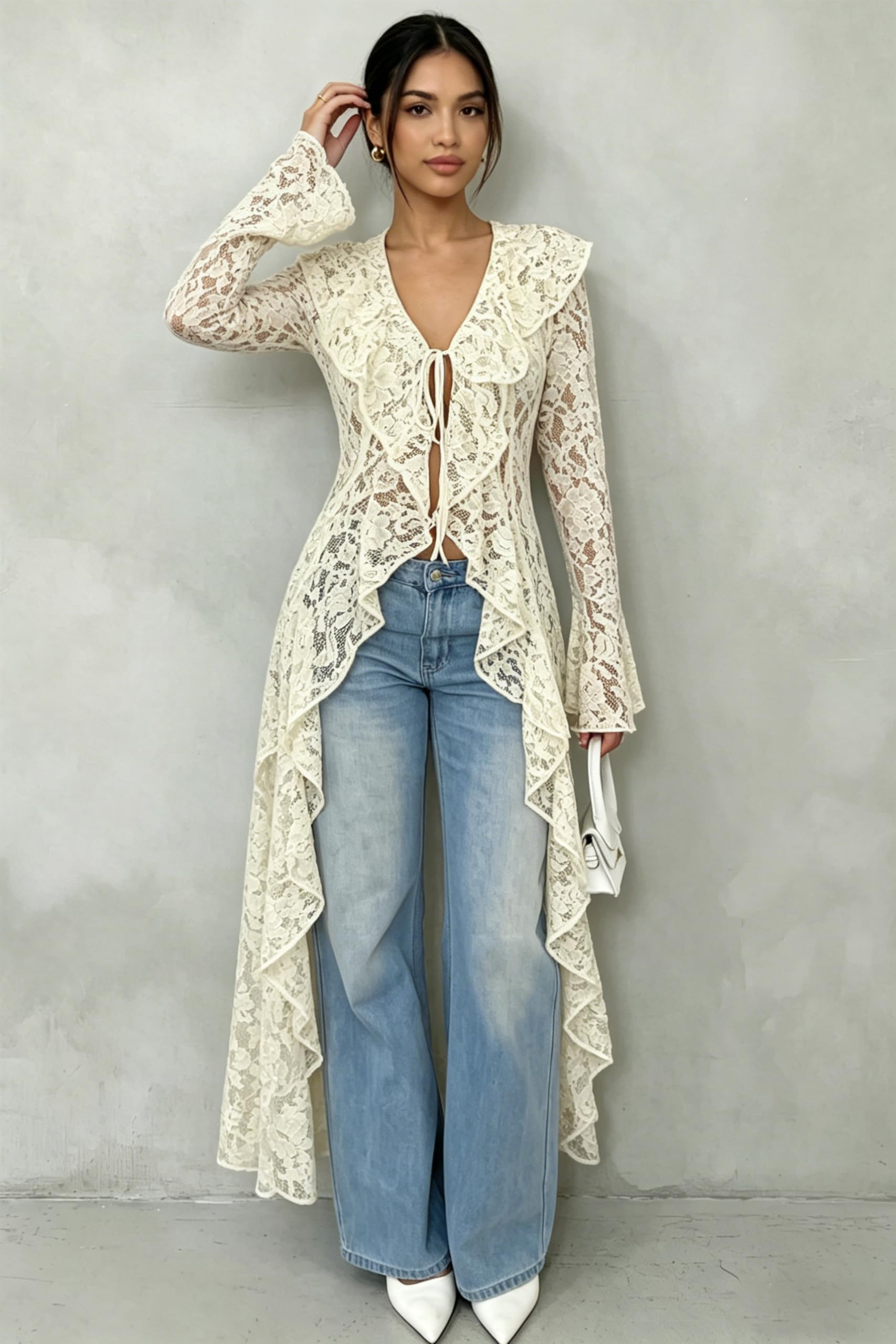 Lace Cardigan for Women Maxi Summer Lightweight Open Front Tie Bell Long Sleeve Ruffled Tops Duster Swimsuit Cover Up