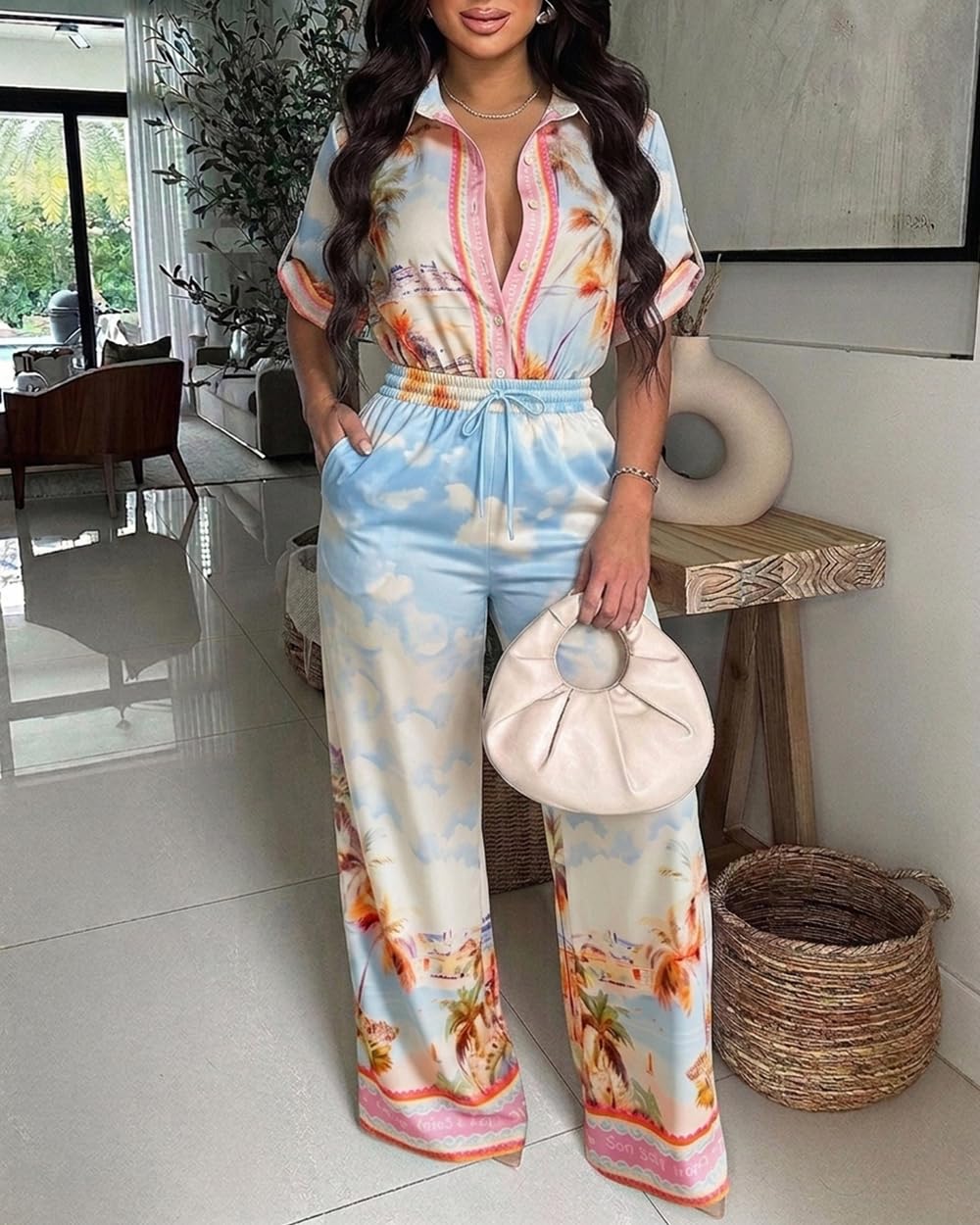 CHICME Womens Jumpsuit Boho Floral Wide Leg Vacation Outfit | Long Pant Rompers with Pockets,Roll Up Short Sleeve,Button Front,Drawstring High Waist,One Piece,Casual,Summer Beach