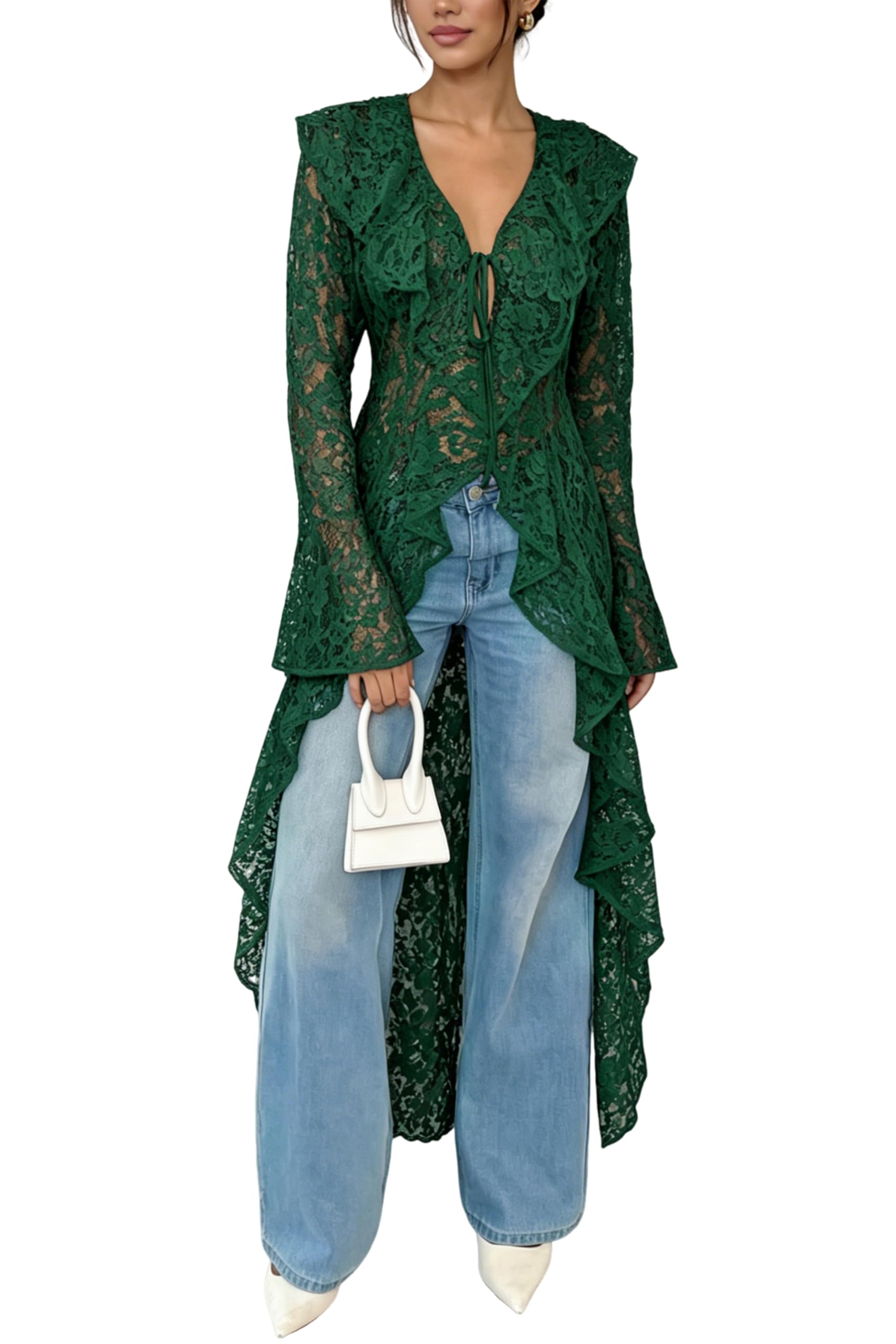 Lace Cardigan for Women Maxi Summer Lightweight Open Front Tie Bell Long Sleeve Ruffled Tops Duster Swimsuit Cover Up