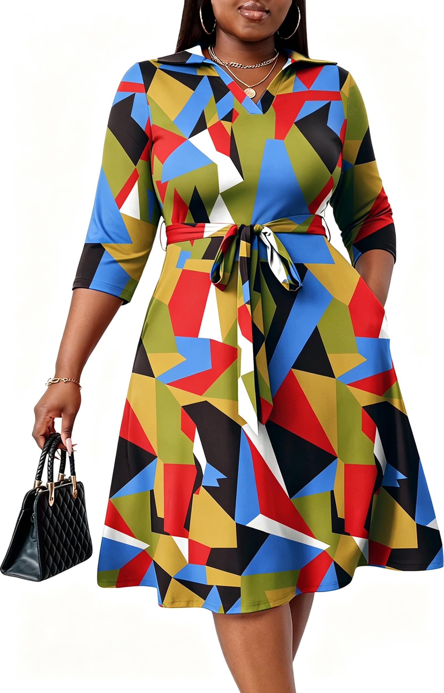 FANDEE Plus Size Midi Dress for Women Casual - Fit and Flare Summer Dresses | Semi Formal,African Print,Polo Collar Cocktail Dress,With Pockets And Belt