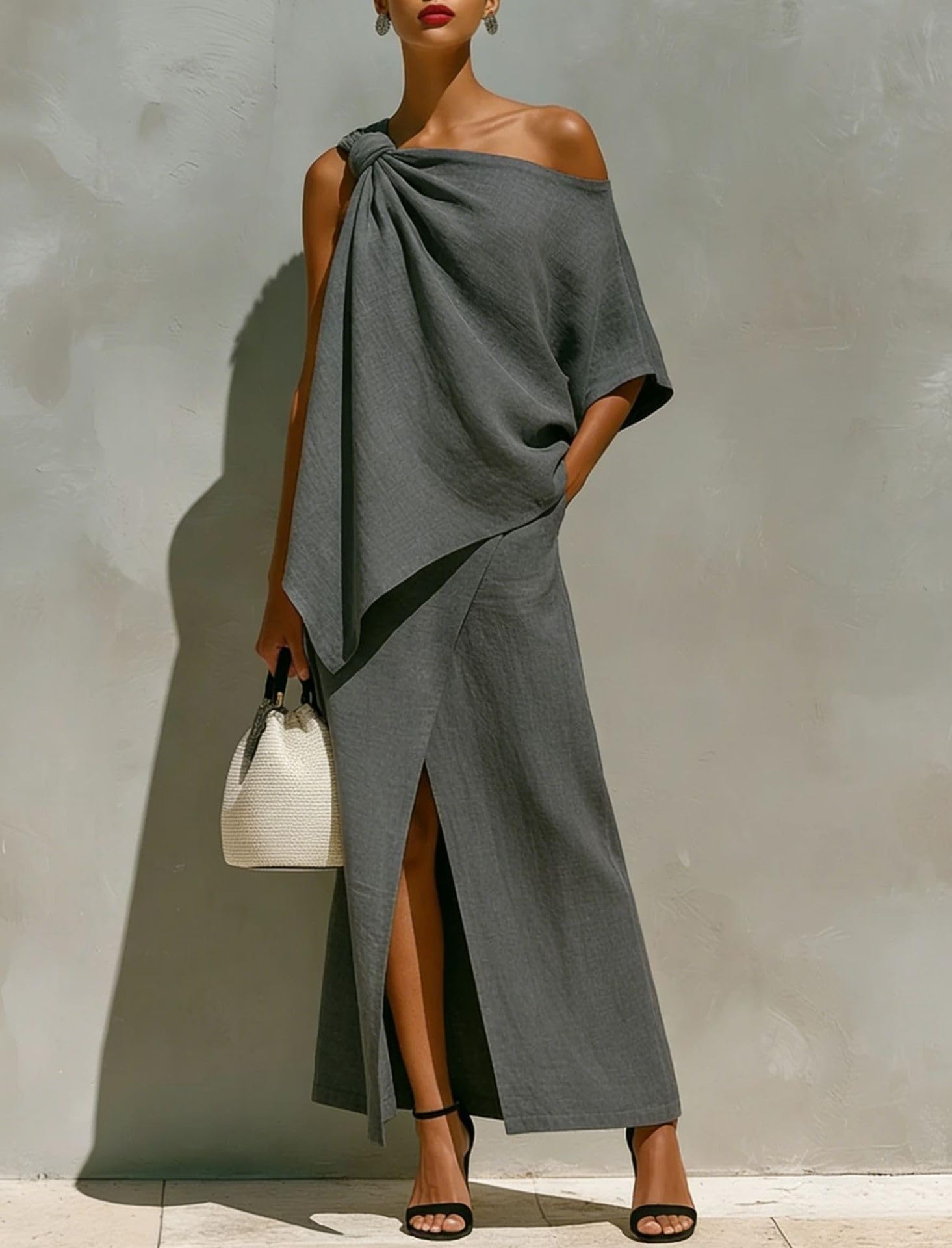2 Piece Sets for Women Off Shoulder Irregular Hem Top and Slit Maxi Skirt Summer Casual Outfits