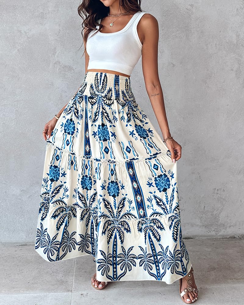 CHICME Women's Boho Floral Summer Maxi Skirt with Pockets Vacation Outfit | Shirred High Waist, Ruffle Hem, Lightweight Comfortable Fabric, A-Line Long Flowy Skirt for Beach, Travel & Daily Wear