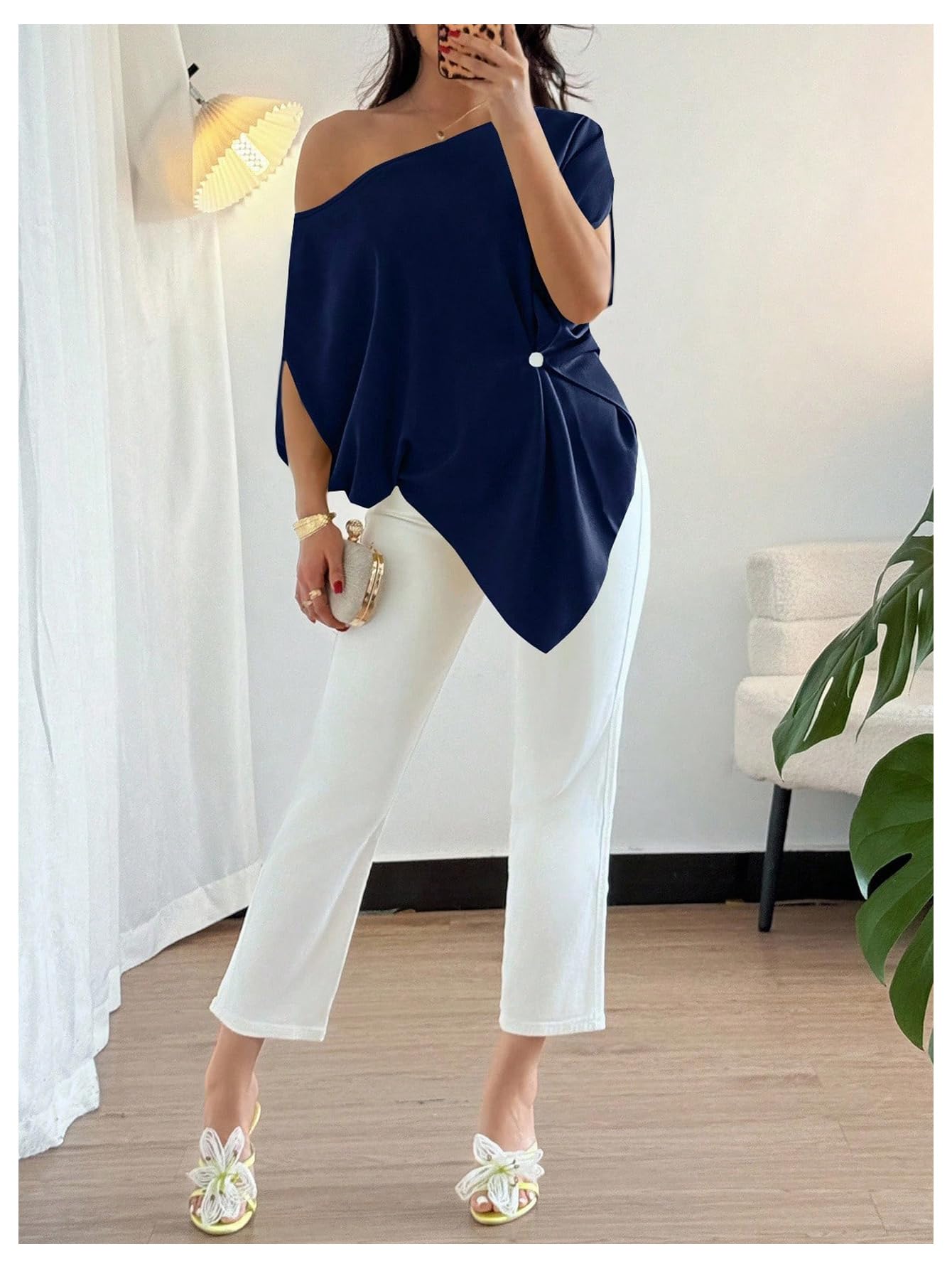 SHENHE Women's Off Shoulder Dolman Sleeve Blouses Asymmetrical Flowy Tops | Casual, Loose, Blouses With Waist Pleats, Asymmetrical, Elegant