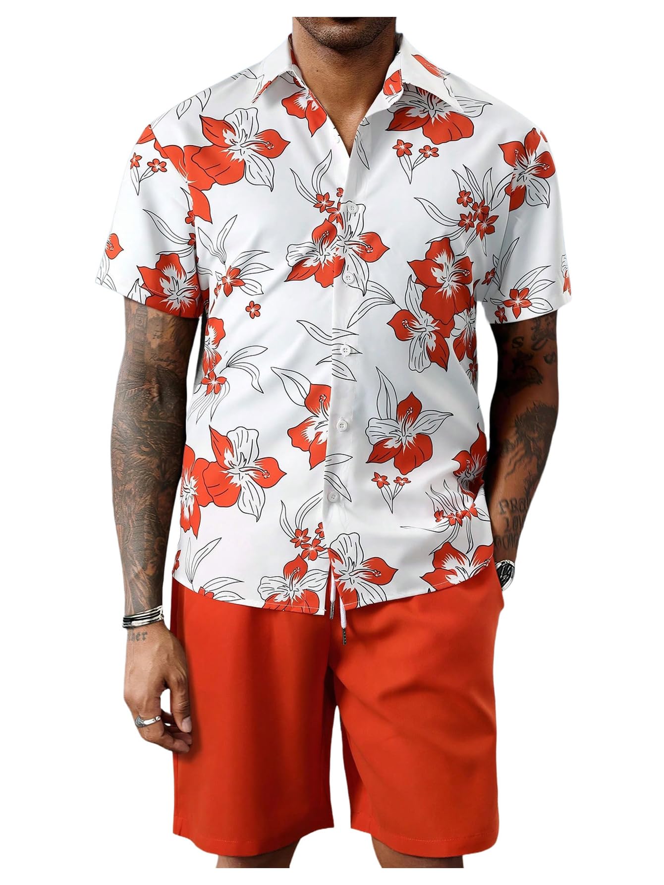 GORGLITTER Men's Cruise Rave Vacation Matching Outfits 2 Piece Short Sets | Mens Summer Beach Outfits, 2 Piece Shorts Set, Couples Travel Outfits, Hawaiian Shirts