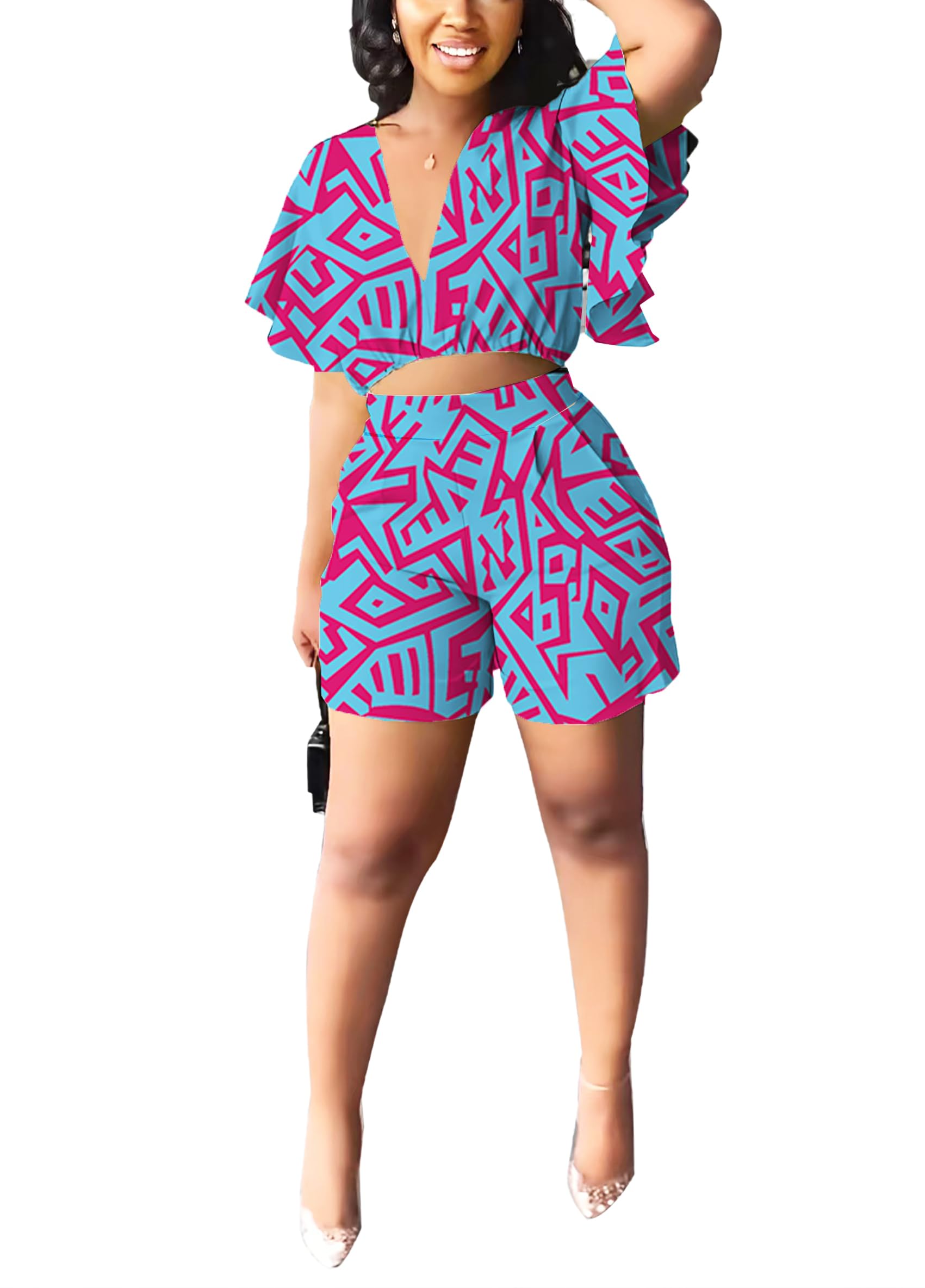 Womens Summer Two Piece Shorts Outfit Sexy Crop Top Butterfly Sleeve 2 pc Short Set Vacation Brunch Matching Set