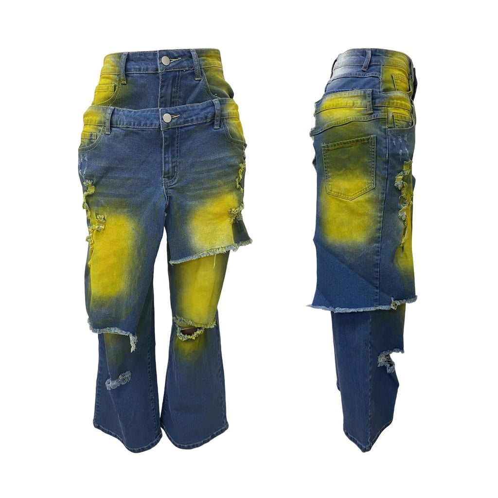 LKOUS Women's Ripped Baggy Jeans High Waist Wide Leg Patchwork Streetwear | Distressed, cutout, Y2K, hip hop, stretchy, soft, pocket, casual, concert, vintage. Machine wash