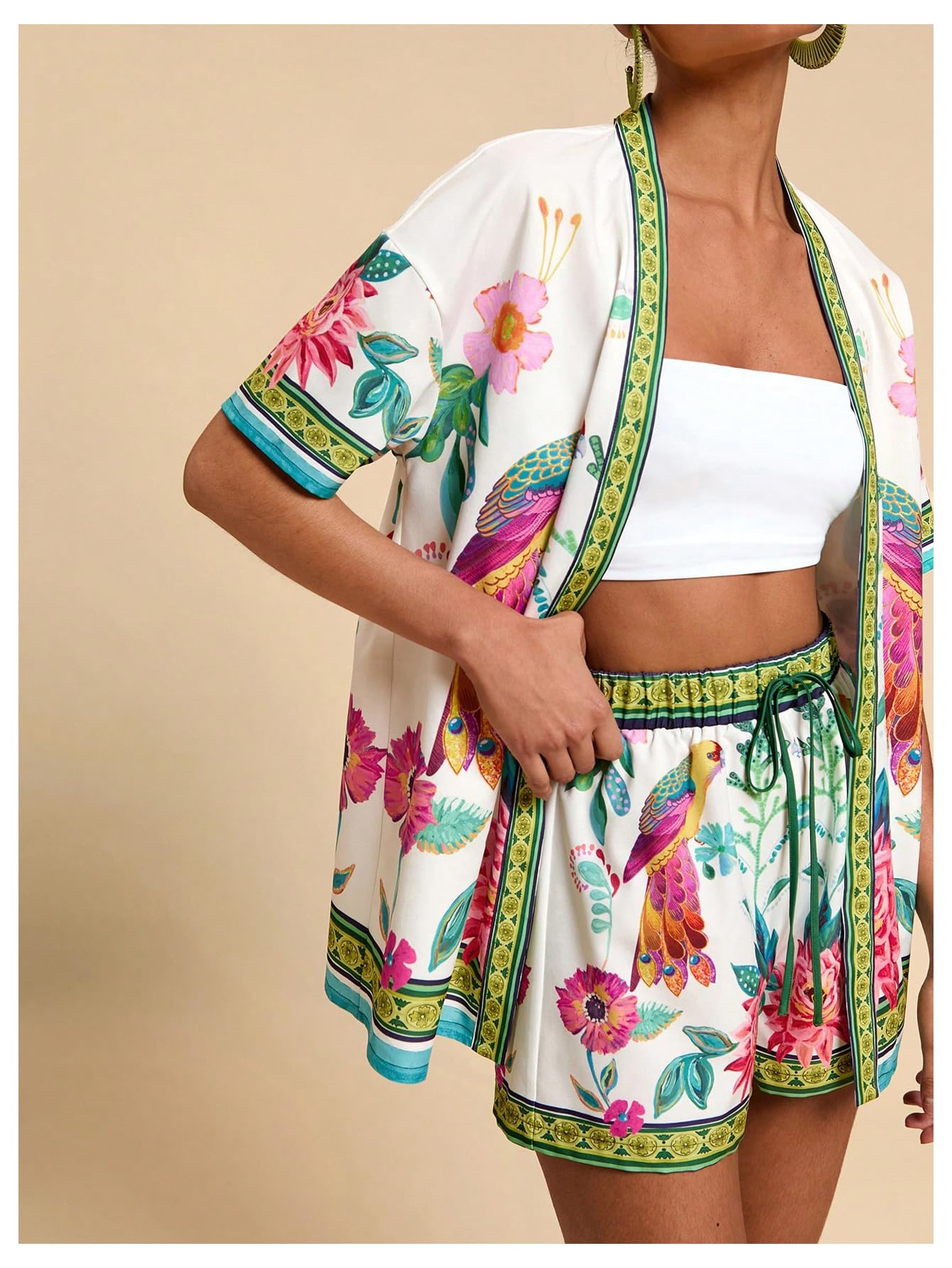 MakeMeChic Women's Two Piece Sets Summer Tropical Vacation Outfits Boho Floral Kimono Tops Shorts Set