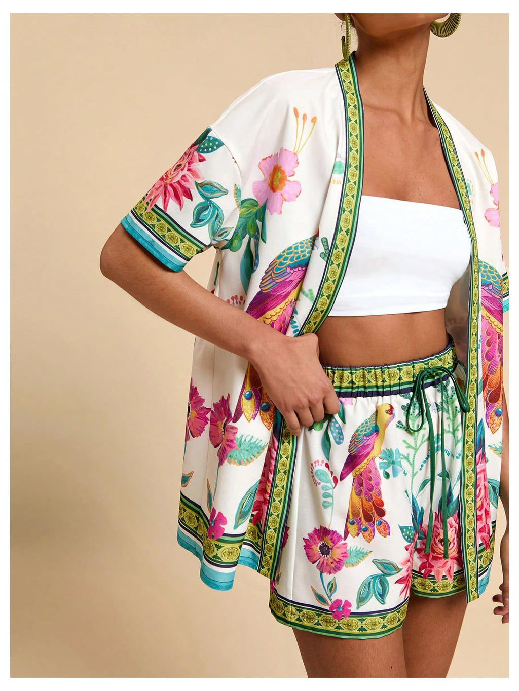 MakeMeChic Women's Two Piece Sets Summer Tropical Vacation Outfits Boho Floral Kimono Tops Shorts Set