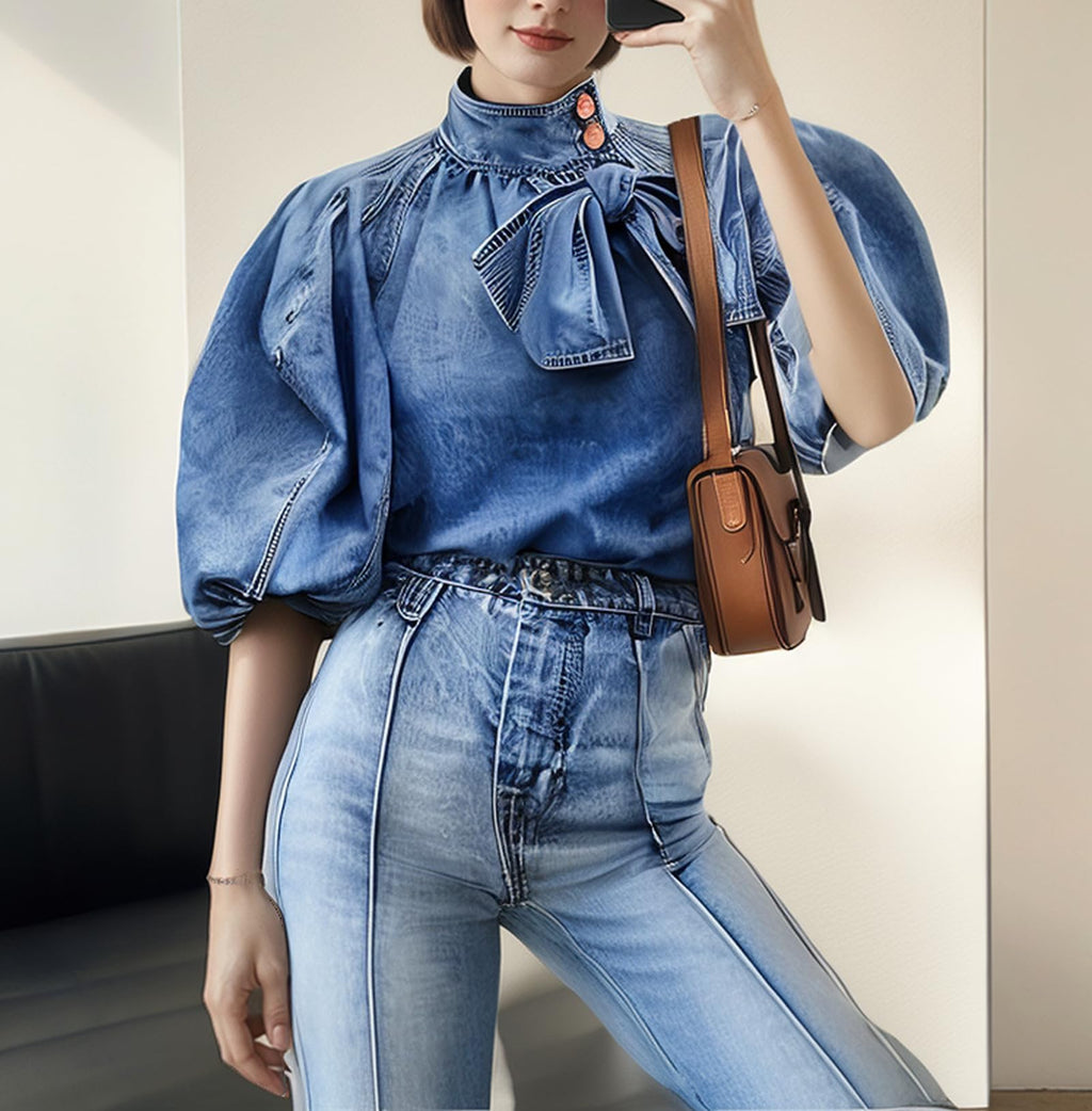 Women's Bow Design Denim Pullover Top Button Up High Neck Fashionable Jacket with Elastic and Puff Sleeves