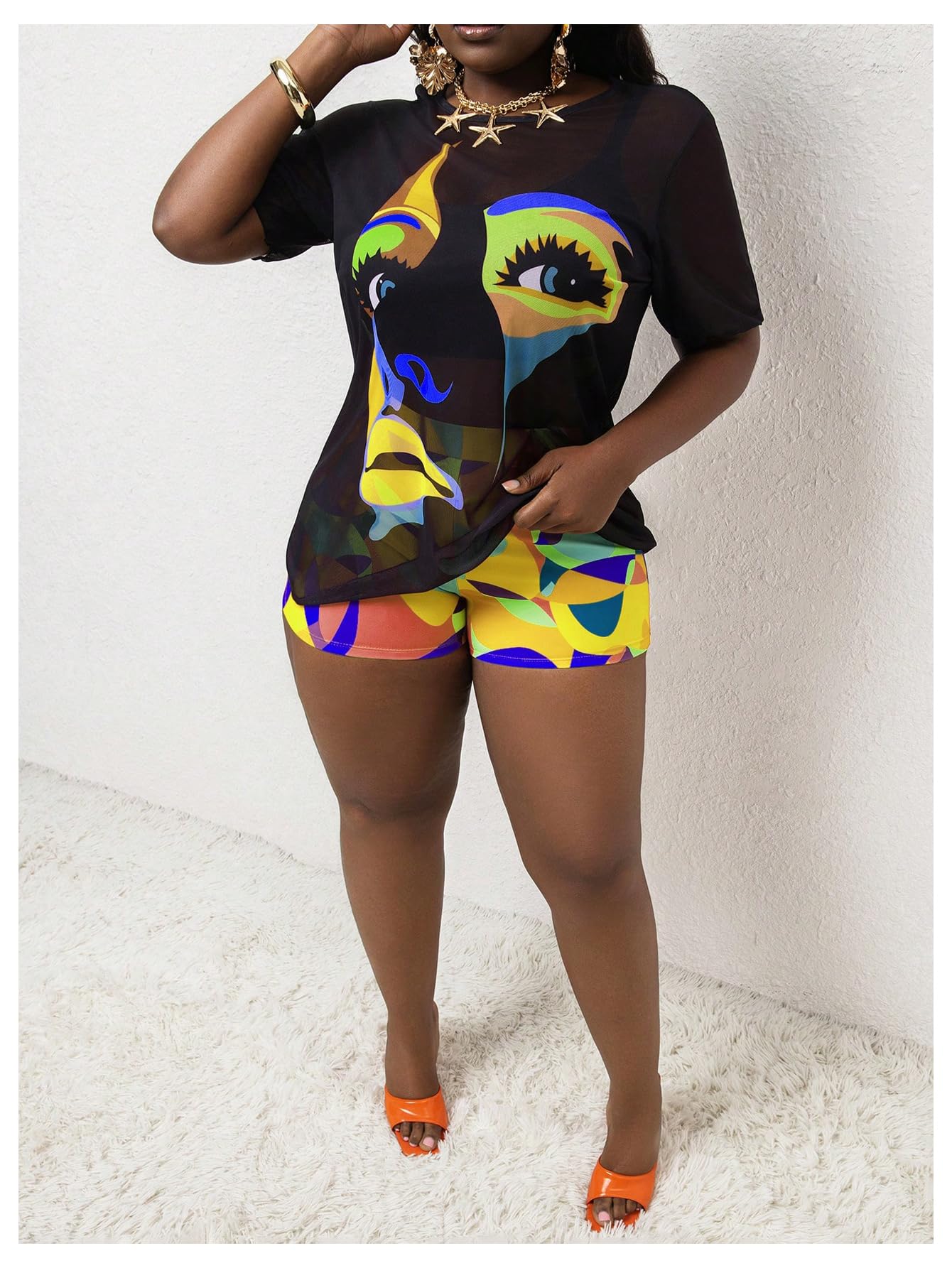 Women's 3 Piece Plus Size Swimsuit Tankini Shorts Set High Waisted Bathing Suit Graphic Beachwear with Mesh Cover Up