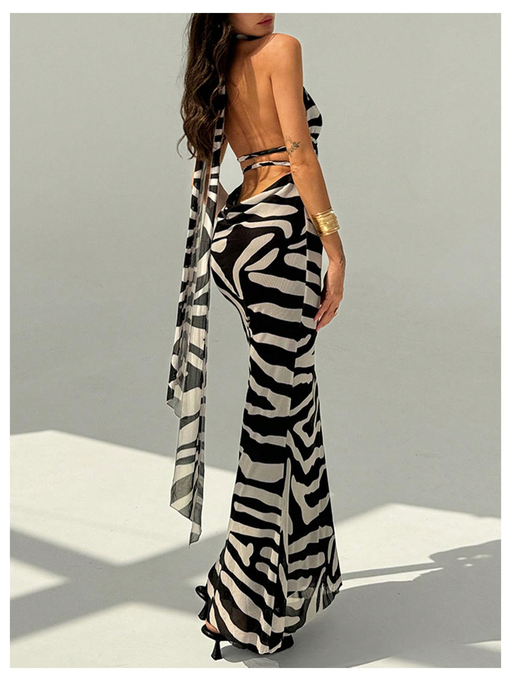 OYOANGLE Women's Zebra Striped Backless Maxi Dress Deep V Neck Halter Dress | Zebra Print, Striped, Backless, Maxi Dresses, Deep V Neck, Halter, Fishtail Dress with Scarf