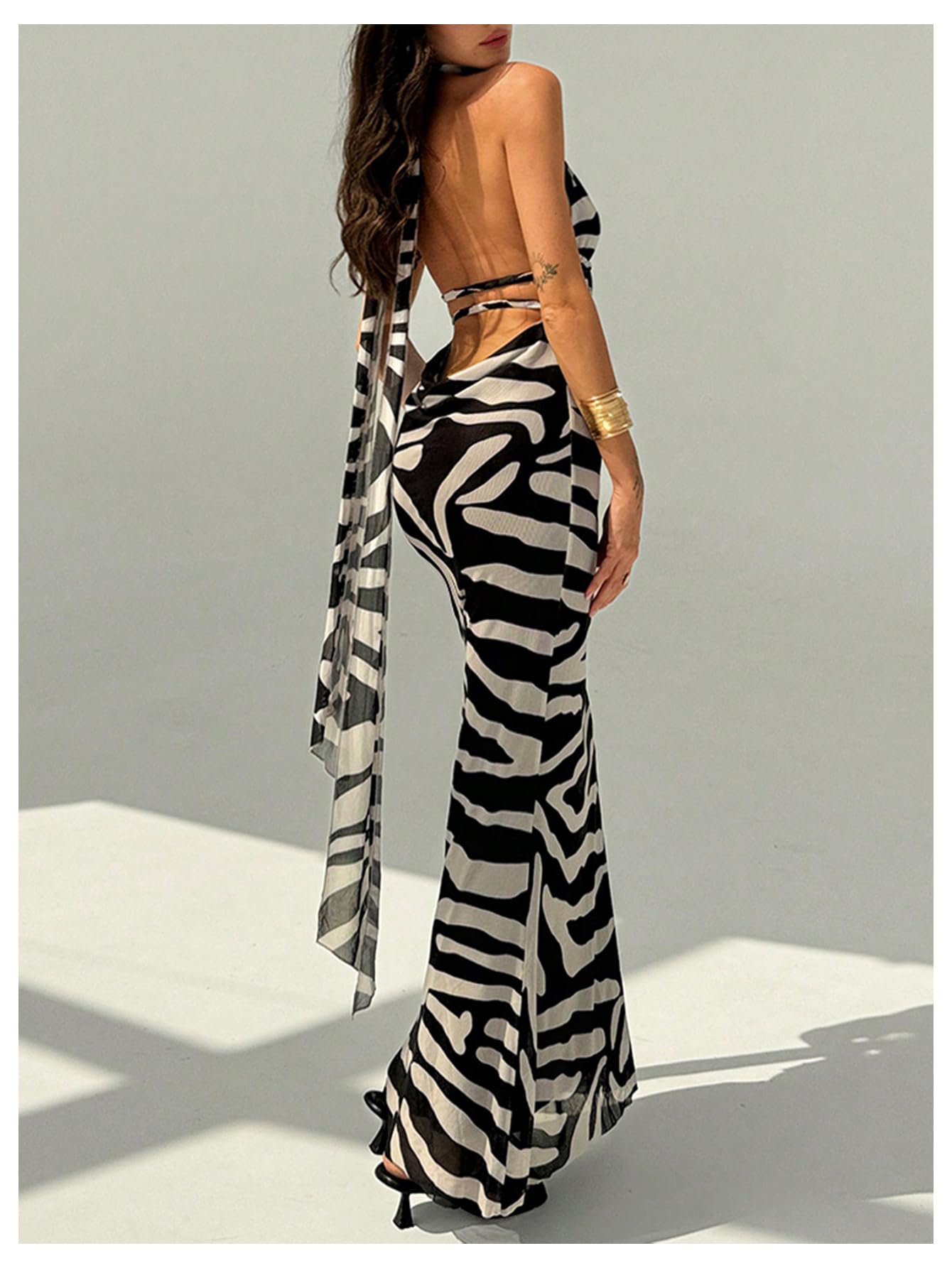 OYOANGLE Women's Zebra Striped Backless Maxi Dress Deep V Neck Halter Dress | Zebra Print, Striped, Backless, Maxi Dresses, Deep V Neck, Halter, Fishtail Dress with Scarf