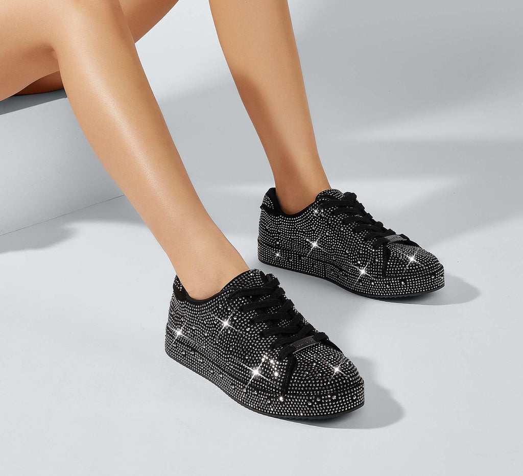 LUCKY STEP Women's Platform Rhinestone Sneakers | Sparkly Fashion Glitter Material|Sparkle Bling Bedazzled|Wedding Bridal Shiny Shoes
