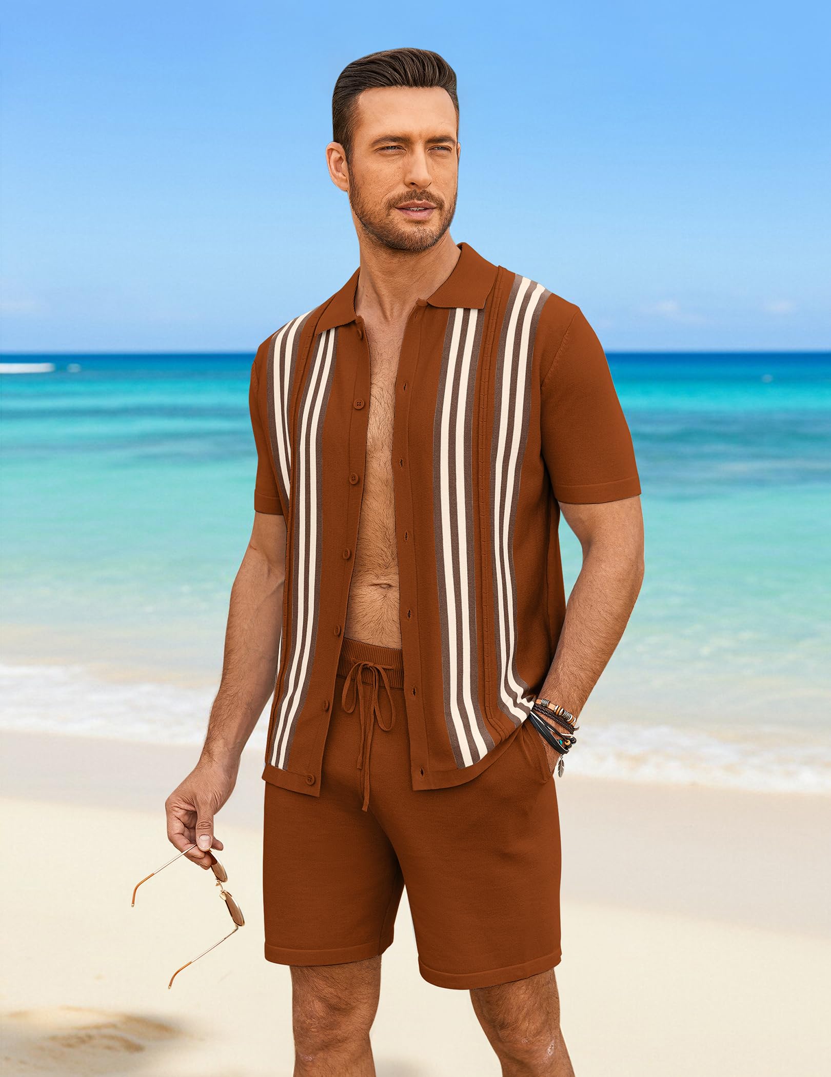 COOFANDY Men's 2 Piece Outfits Summer Short Sets Vintage Knit Button Down Shirt Short Sleeve Polo Casual Beach Suits
