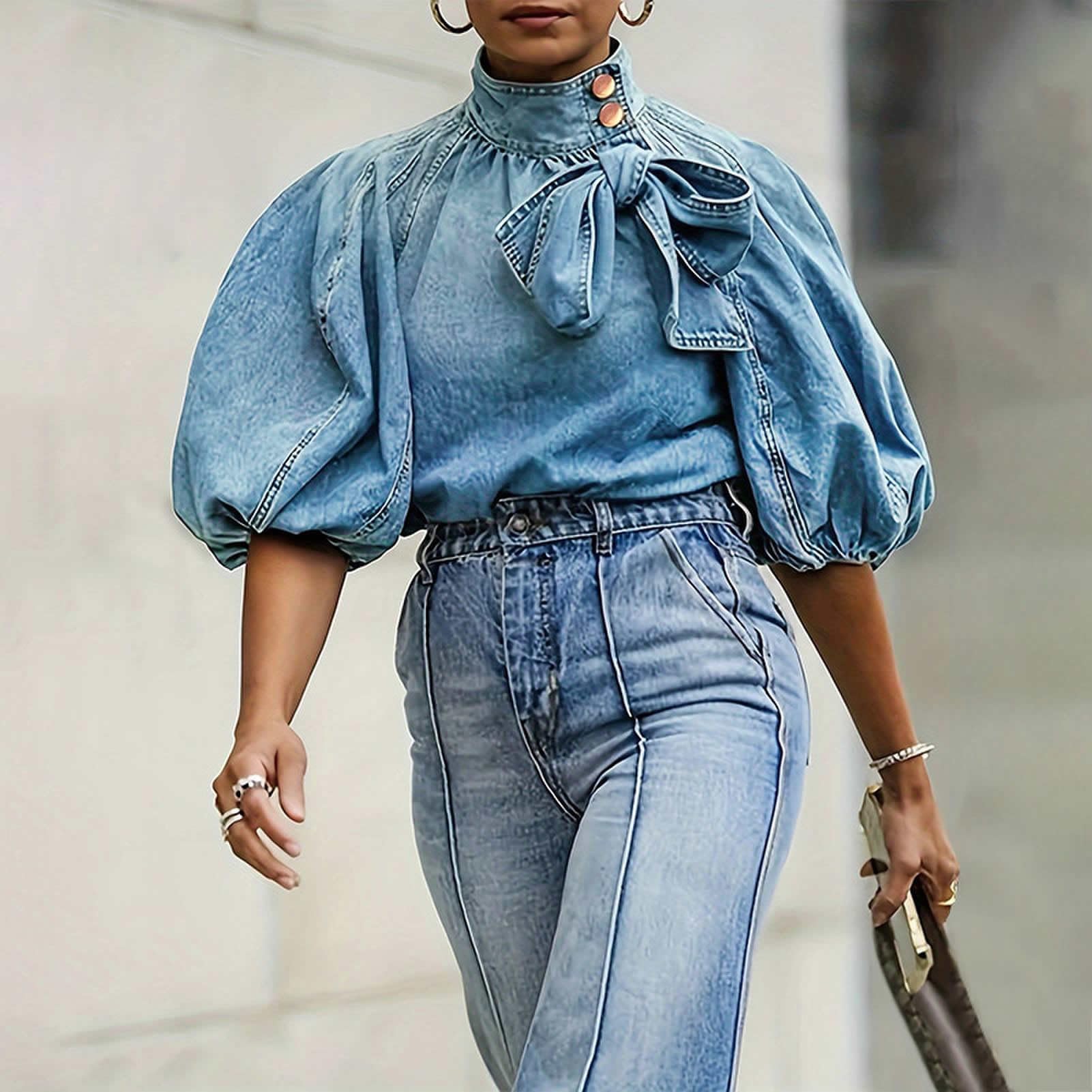 Women's Bow Design Denim Pullover Top Button Up High Neck Fashionable Jacket with Elastic and Puff Sleeves