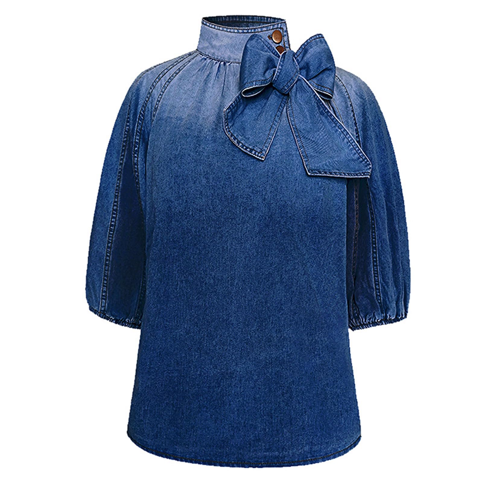 Women's Bow Design Denim Pullover Top Button Up High Neck Fashionable Jacket with Elastic and Puff Sleeves