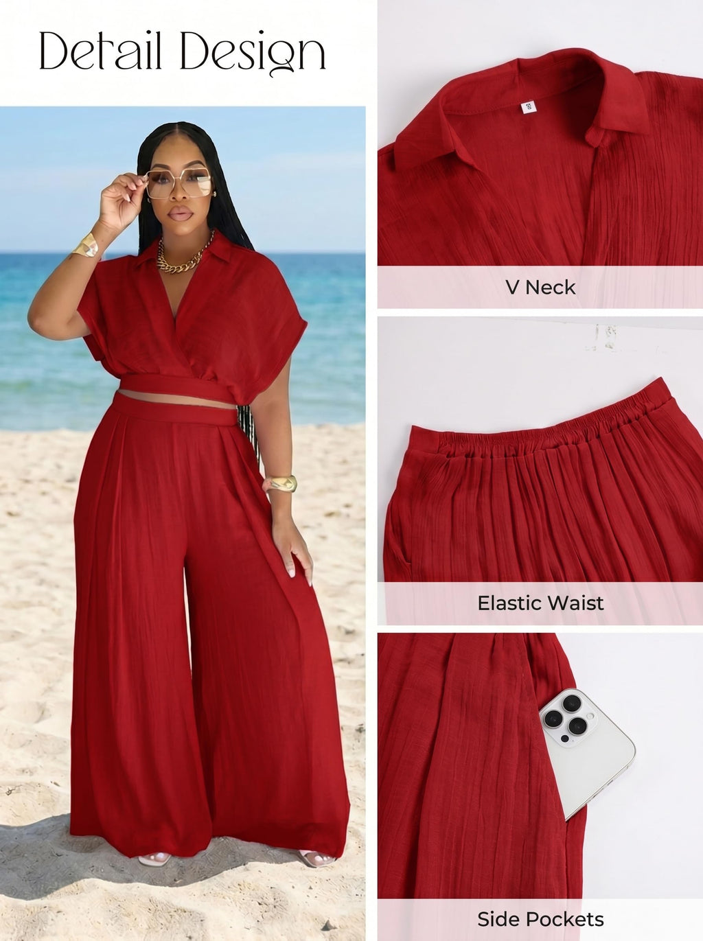 Ekaliy Women Two Piece Crop Top Flowy Wide Leg Pants Set Summer Outfits | Lightweight breathable fabric,batwing V-neck crop top,elastic waist wide leg lined pants with pockets for casual wear.