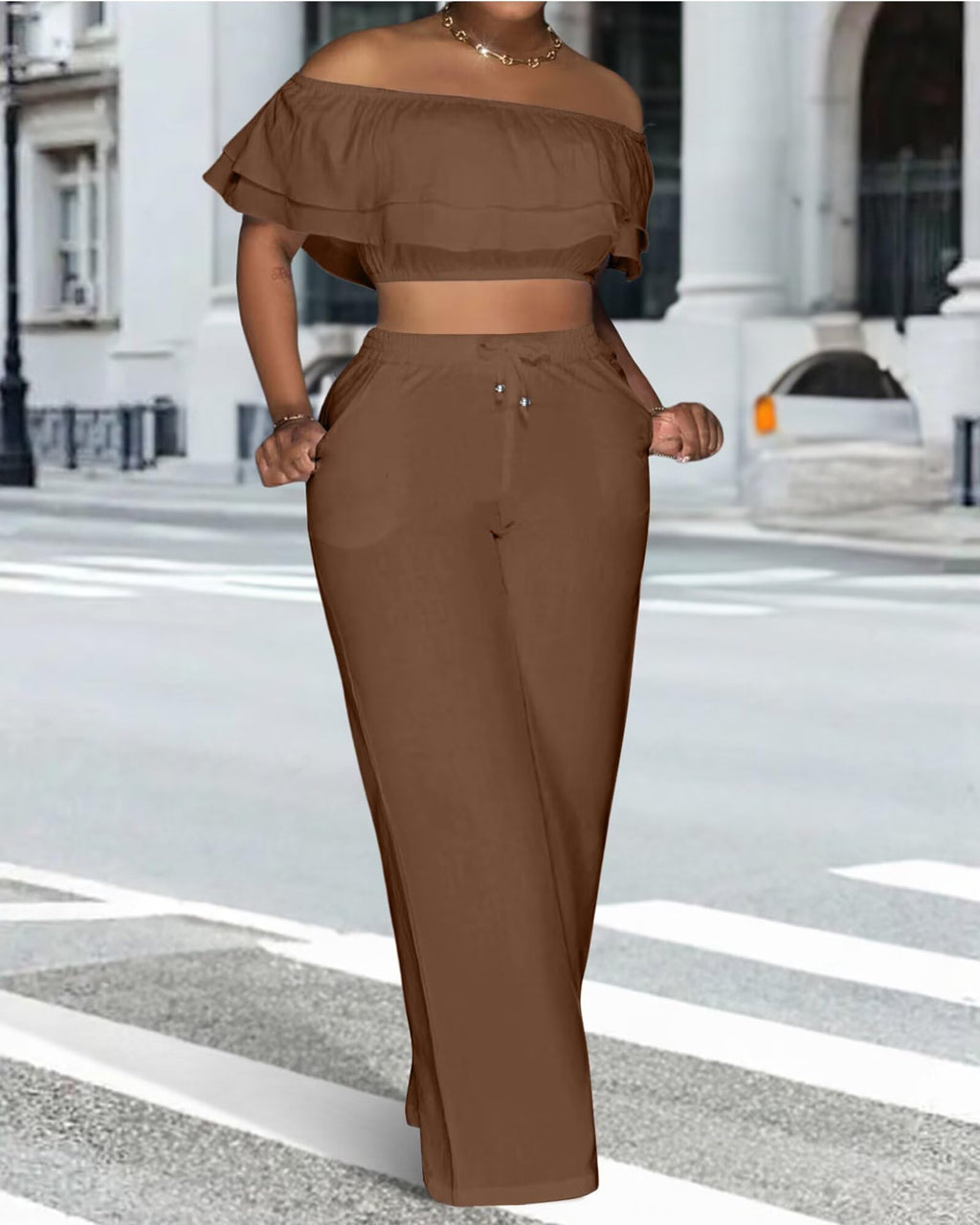 Adogirl 2 Piece Outfits for Women Ruffle Trim Crop Top Wide Leg Pants Set | 2 Piece Sets, Outfit for Women, Off Shoulder, Short Sleeve, Wide Leg Pants with Pockets, Sexy Outfits, Vacation Outfits