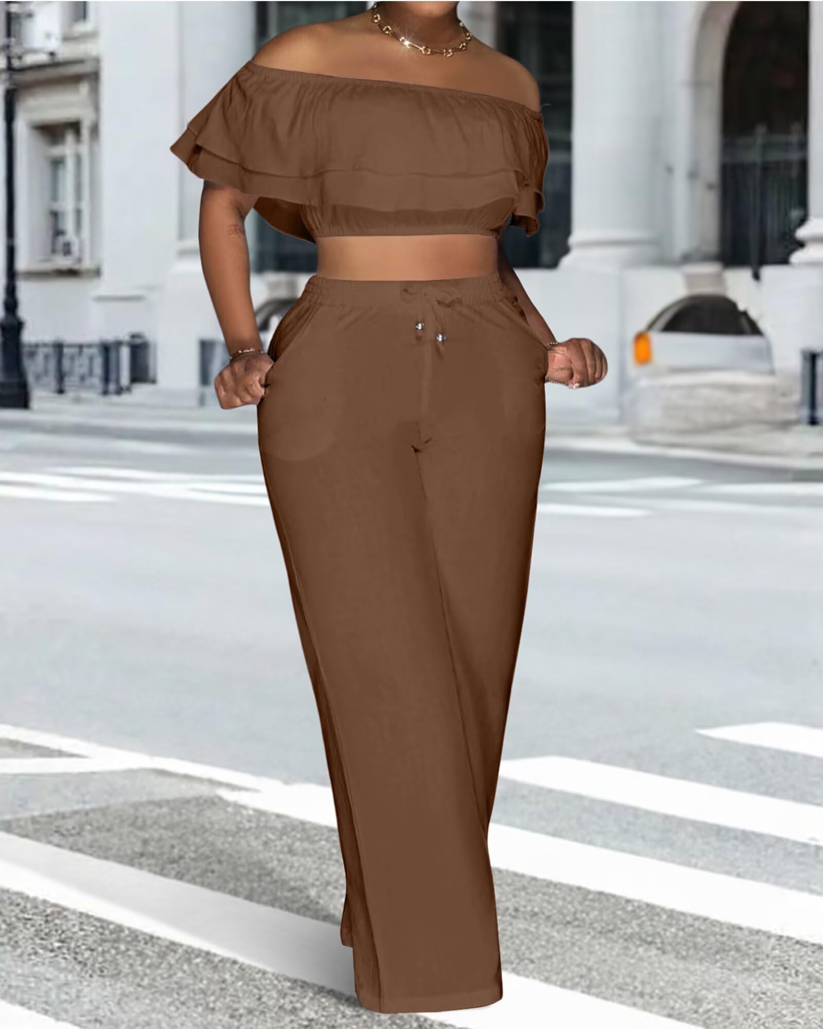 Adogirl 2 Piece Outfits for Women Ruffle Trim Crop Top Wide Leg Pants Set | 2 Piece Sets, Outfit for Women, Off Shoulder, Short Sleeve, Wide Leg Pants with Pockets, Sexy Outfits, Vacation Outfits