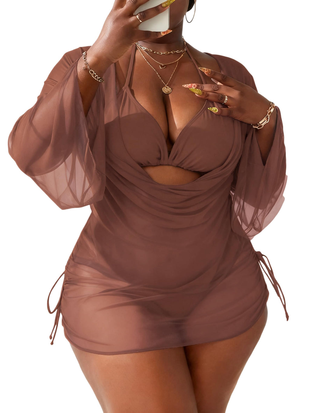 Women's Plus Size Halter String Triangle Bikini Sets 3 Piece Swimsuits with Side Ruched Drawstring Cover Up