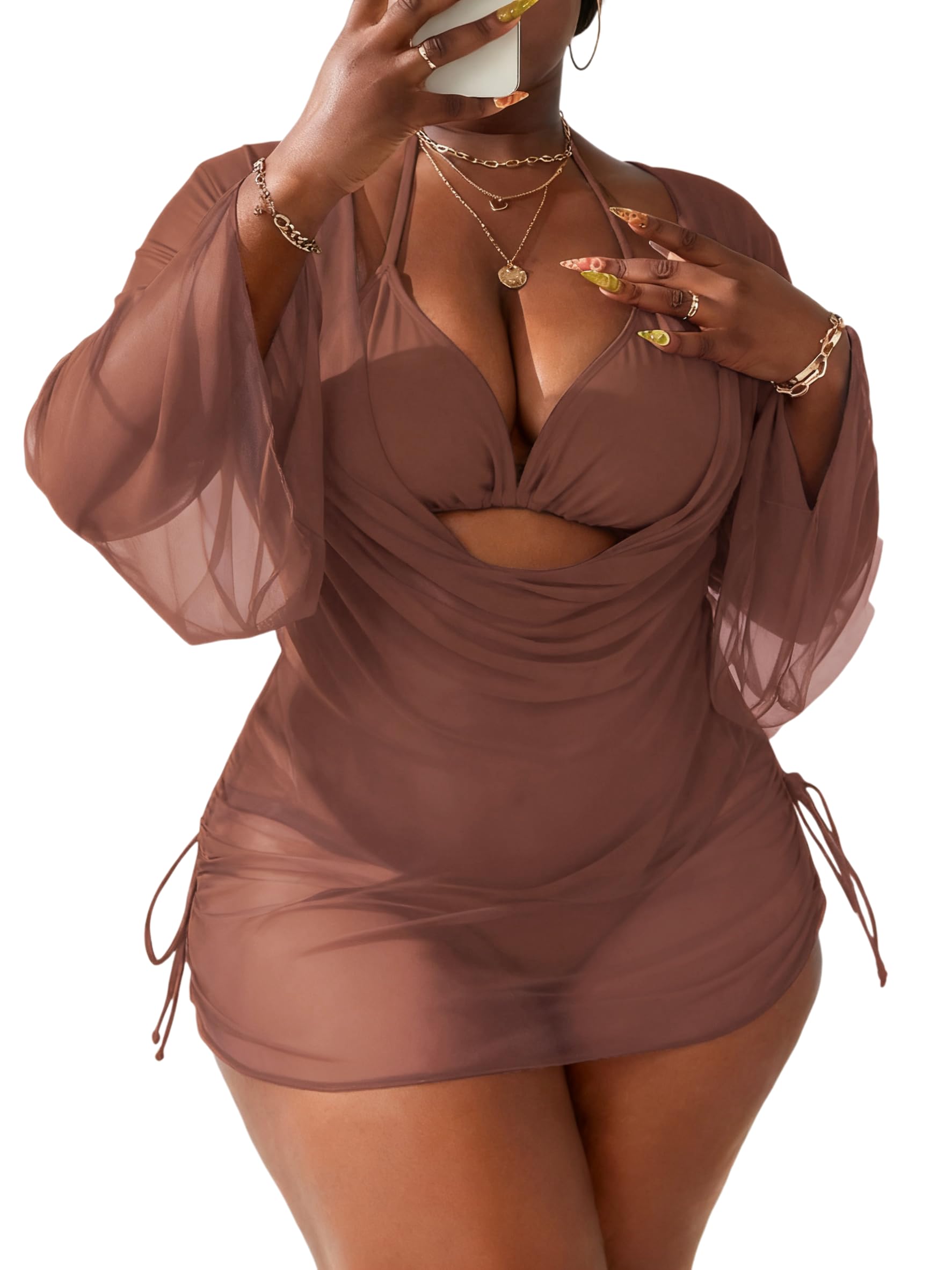 Women's Plus Size Halter String Triangle Bikini Sets 3 Piece Swimsuits with Side Ruched Drawstring Cover Up