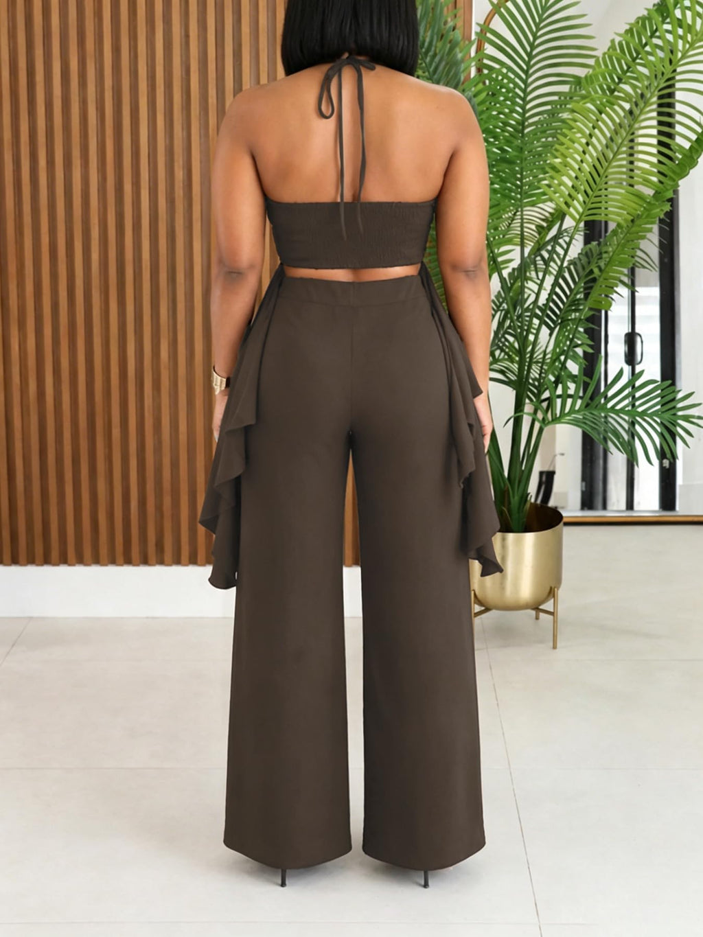 Women's Casual 2 Piece Set Sexy Sleeveless Backless Halter Neck Cutout Ruffled Tops Wide Legs Pants Outfits