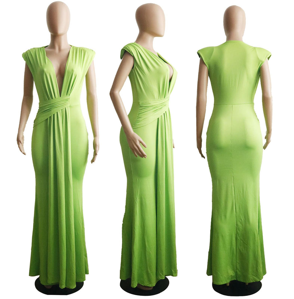 Yuopeid Women's Sexy Sleeveless Deep V Neck Fashion Ruched Bodycon Floor Length Formal Evening Party Maxi Long Dress