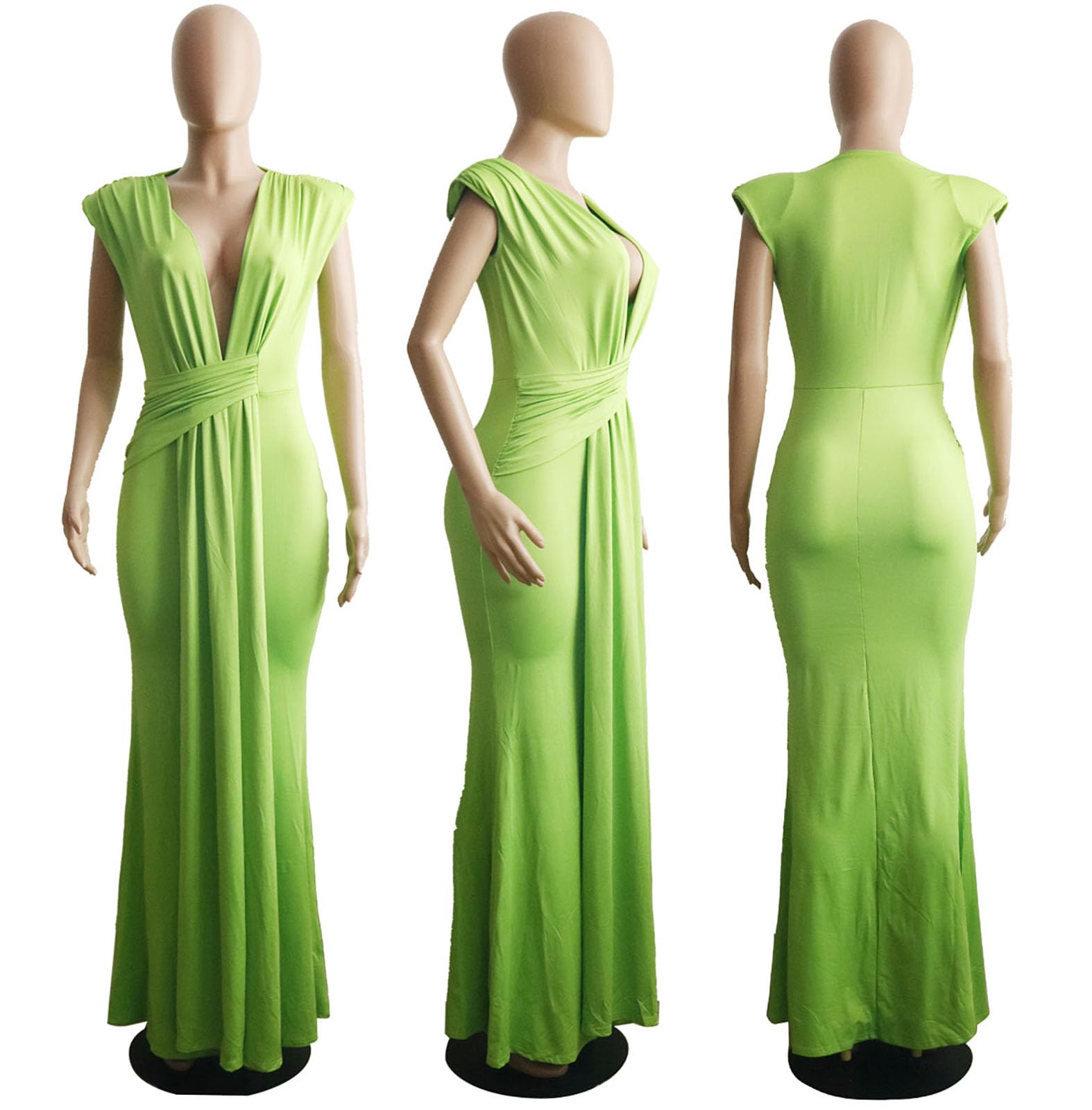 Yuopeid Women's Sexy Sleeveless Deep V Neck Fashion Ruched Bodycon Floor Length Formal Evening Party Maxi Long Dress