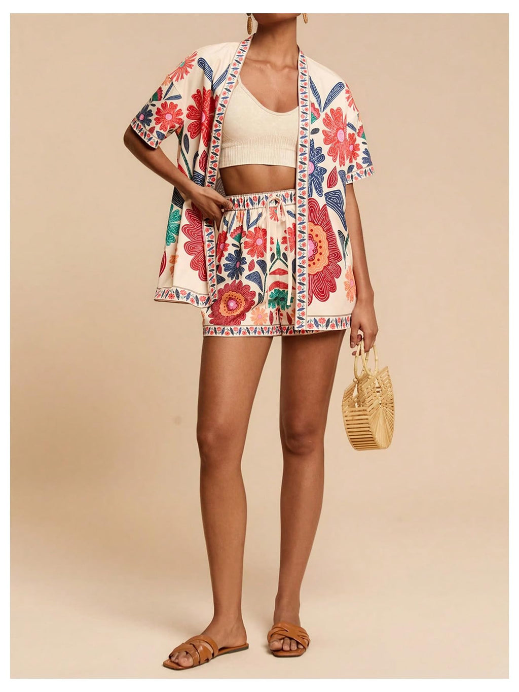 MakeMeChic Women's Two Piece Sets Summer Tropical Vacation Outfits Boho Floral Kimono Tops Shorts Set