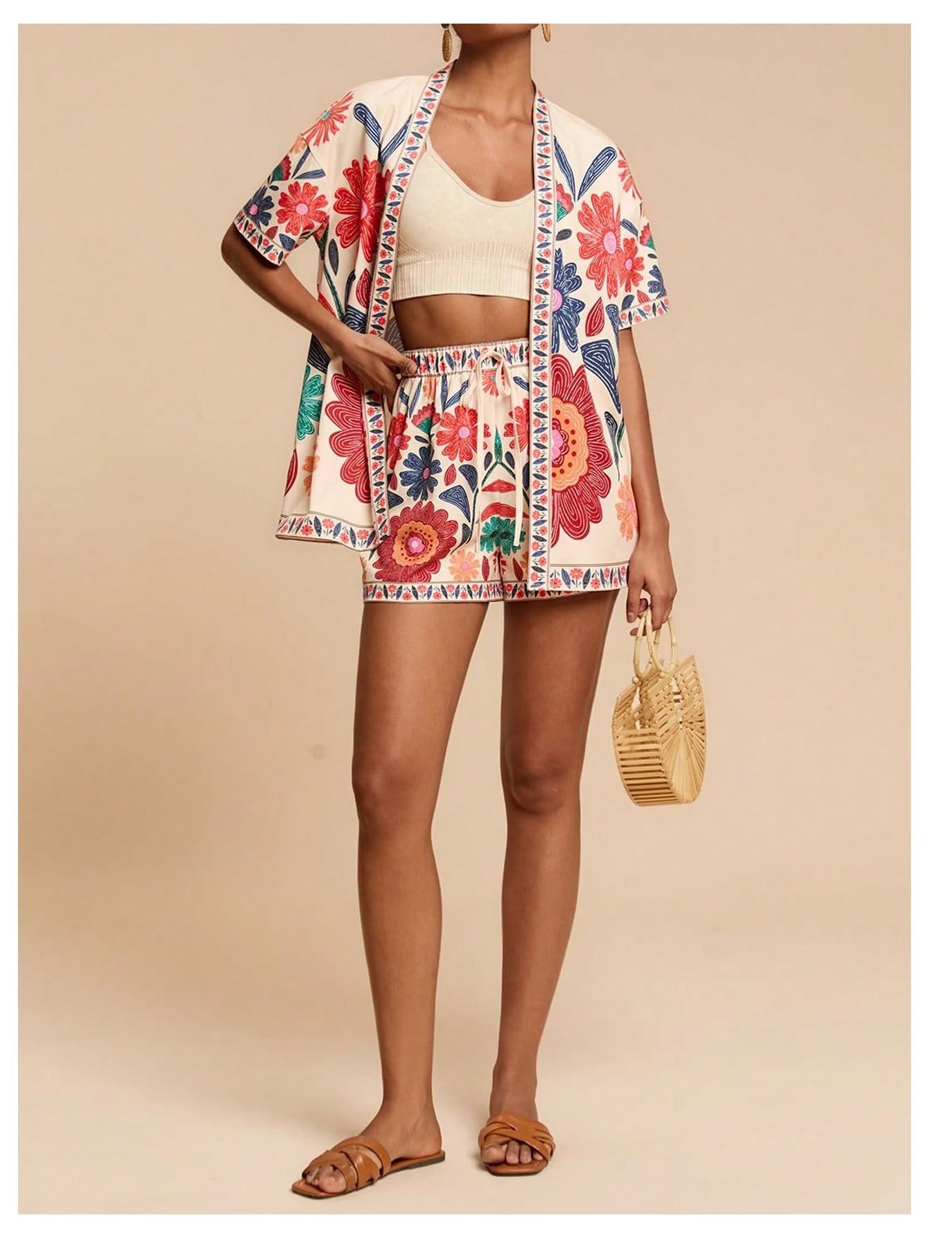 MakeMeChic Women's Two Piece Sets Summer Tropical Vacation Outfits Boho Floral Kimono Tops Shorts Set
