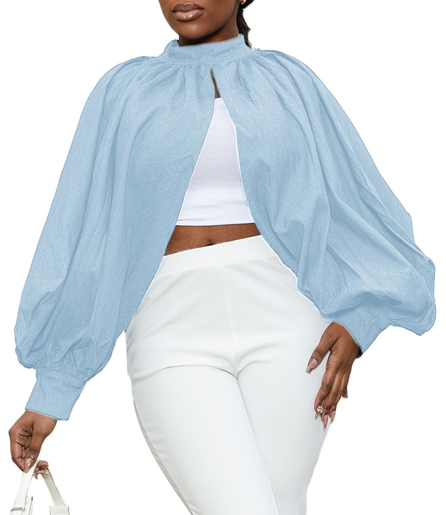 LETSVDO Women's Sexy Denim Crop Top Mock Neck Backless Puff Sleeve Open Front Bolero Shrug Asymmetrical Jean Blouse 2023