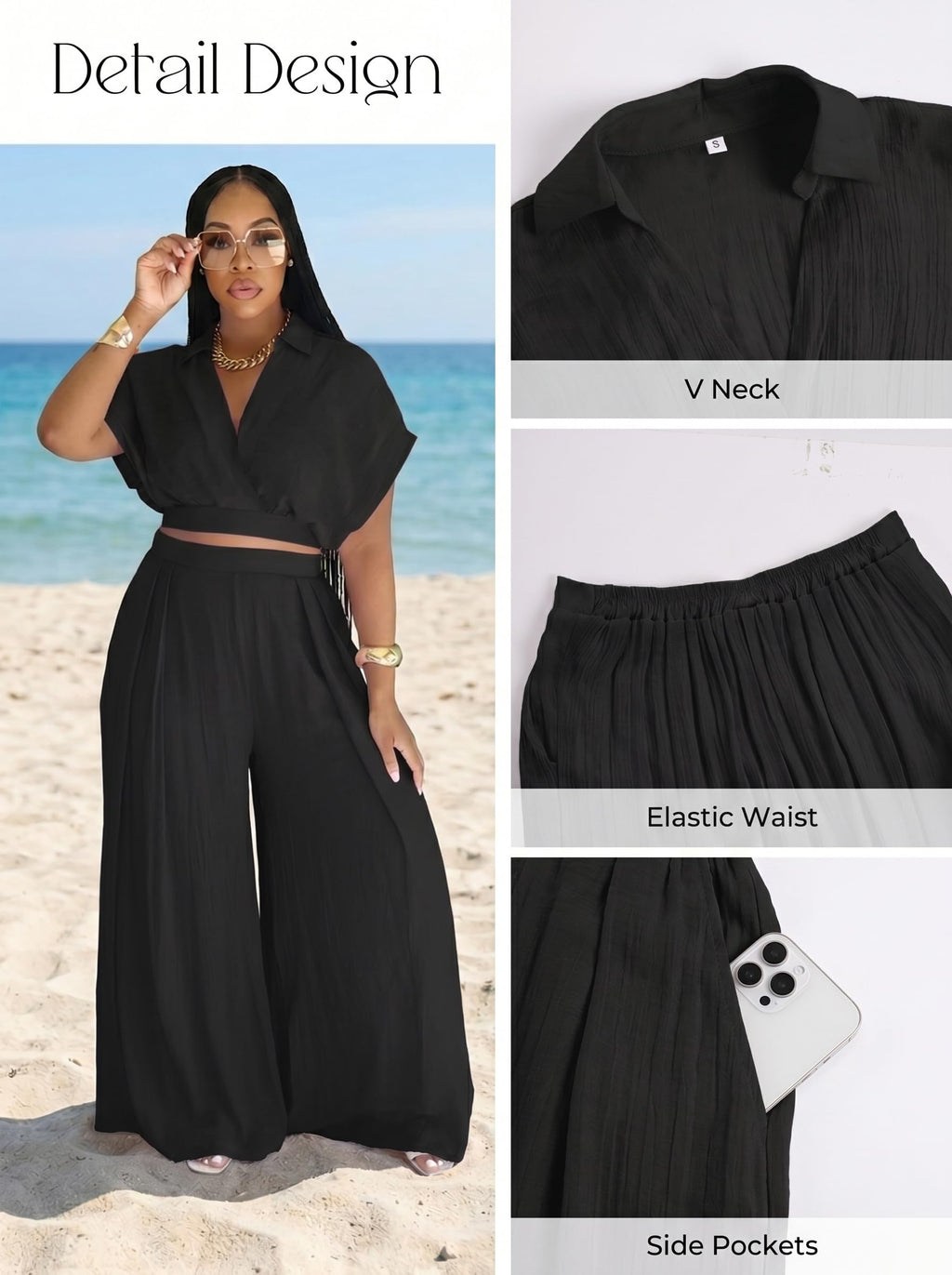 Ekaliy Women Two Piece Crop Top Flowy Wide Leg Pants Set Summer Outfits | Lightweight breathable fabric,batwing V-neck crop top,elastic waist wide leg lined pants with pockets for casual wear.