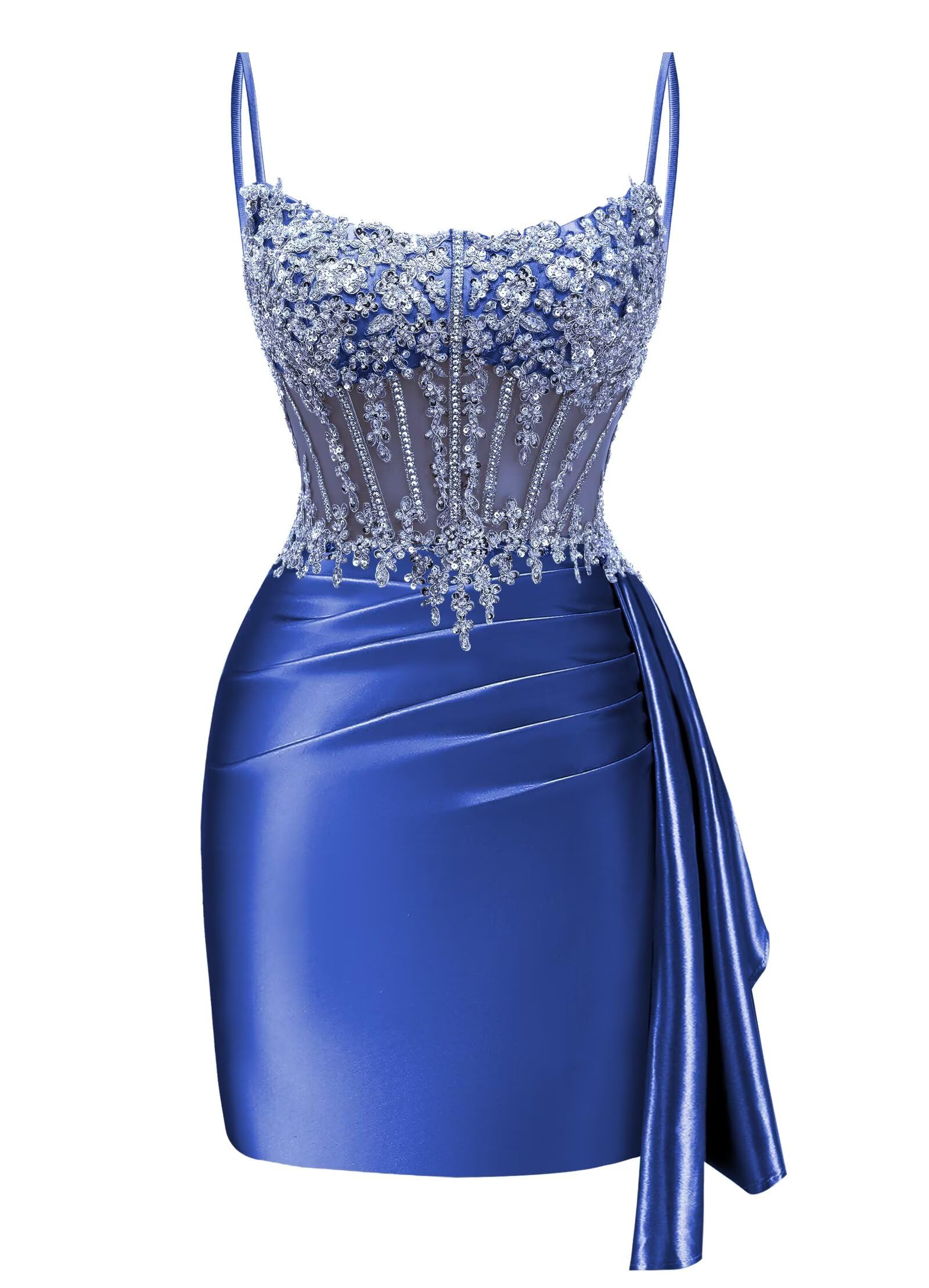 Satin Mermaid Homecoming Dresses 2026 Square Neck Beaded Short Prom Dress | Spaghetti Strap,Ruched,Tight,Bodycon,Sparkle,Sequin,Mini,Hoco Dresses,Club Dresses,Party Dresses