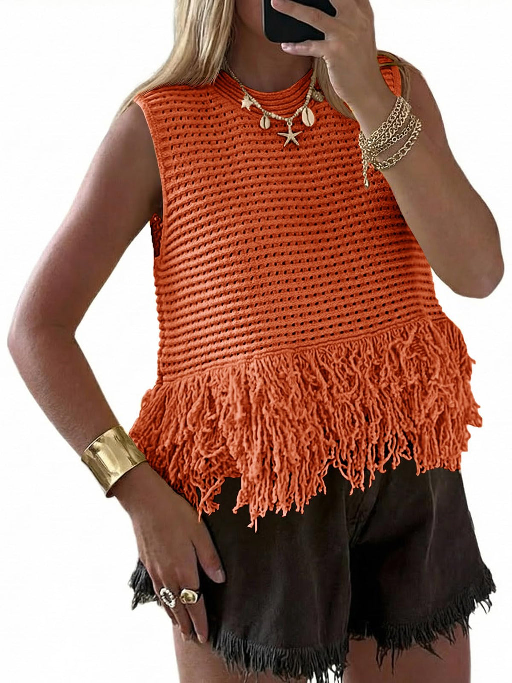 Saodimallsu Womens Crochet Crop Tank Tops Fringe Boho Summer Sweater Vest | Sleeveless,Crew Neck,Soft Knit,Summer Going Out Top,Resort Wear,Beach Vacation Outfits,Spring Fashion